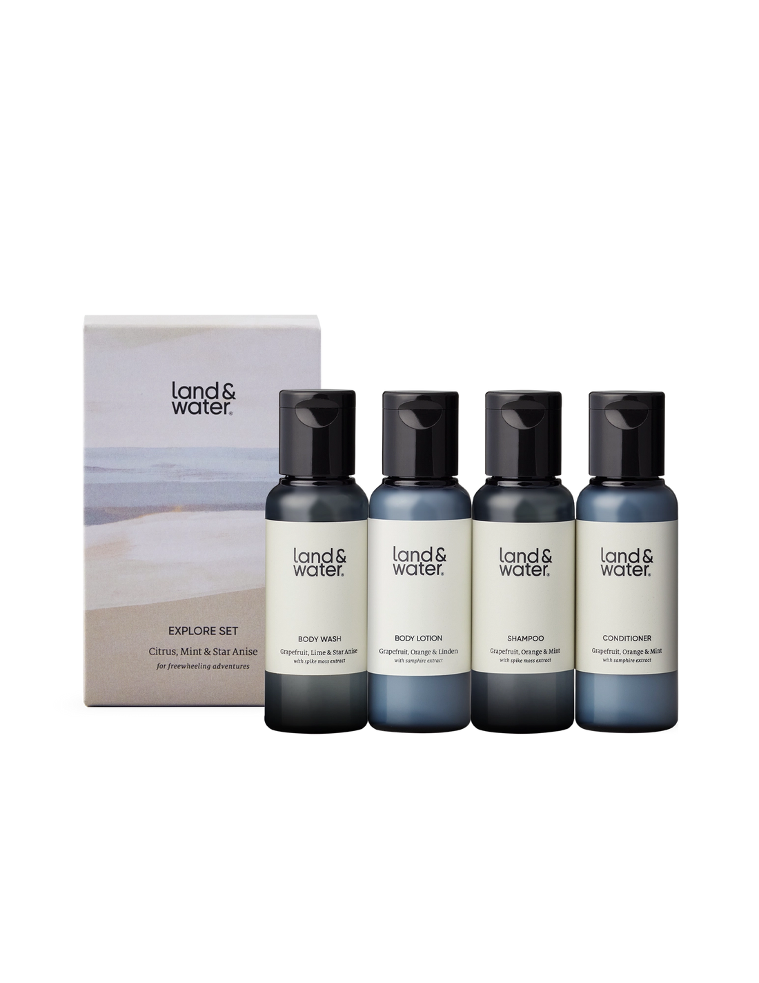 Mini body wash, body lotion, shampoo, conditioner, and gift set box