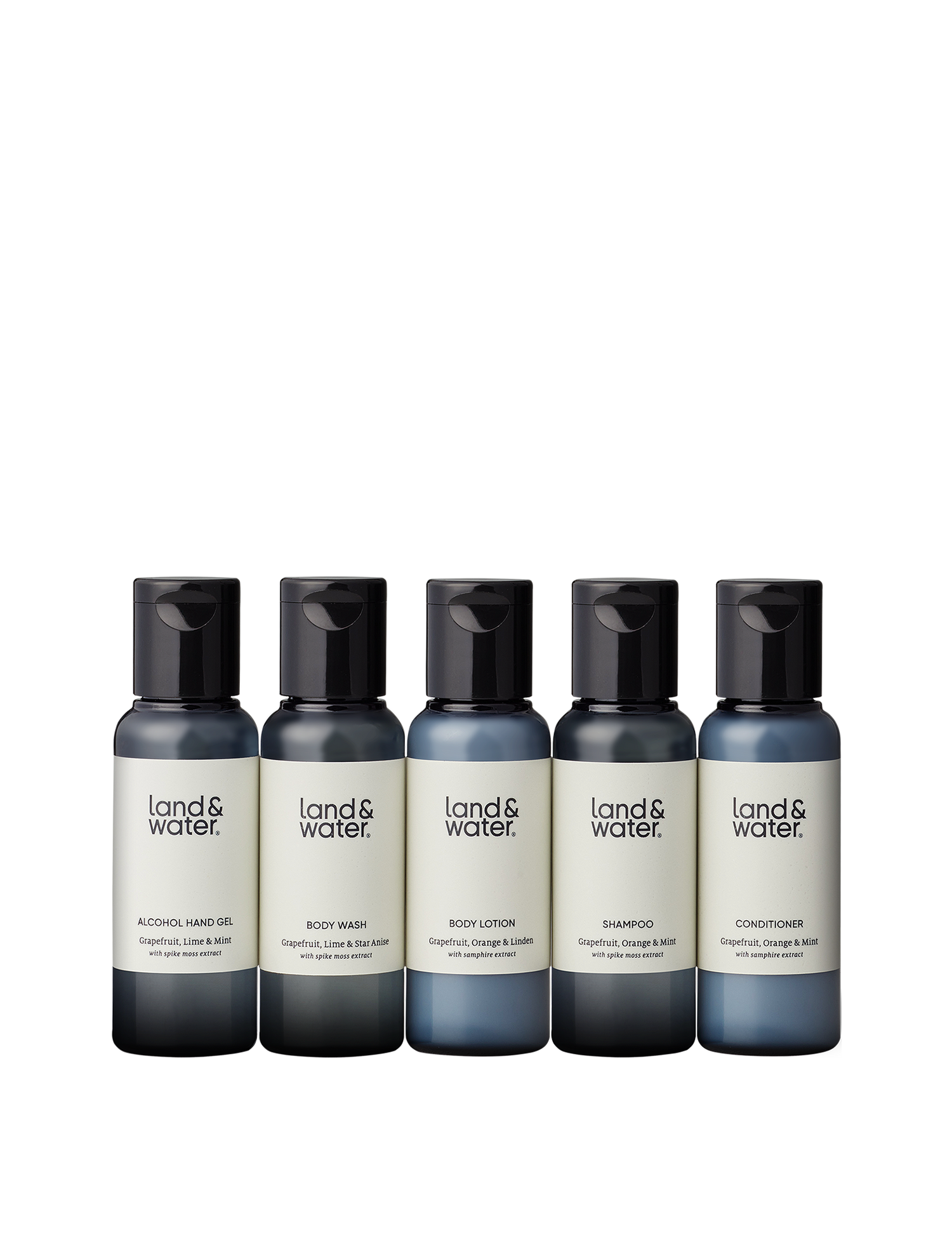 50ml travel essentials from land&water; alcohol hand gel, body wash, body lotion, shampoo, conditioner.