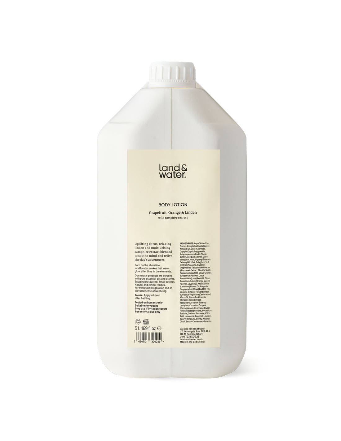A white 5L container of land&water body lotion.
