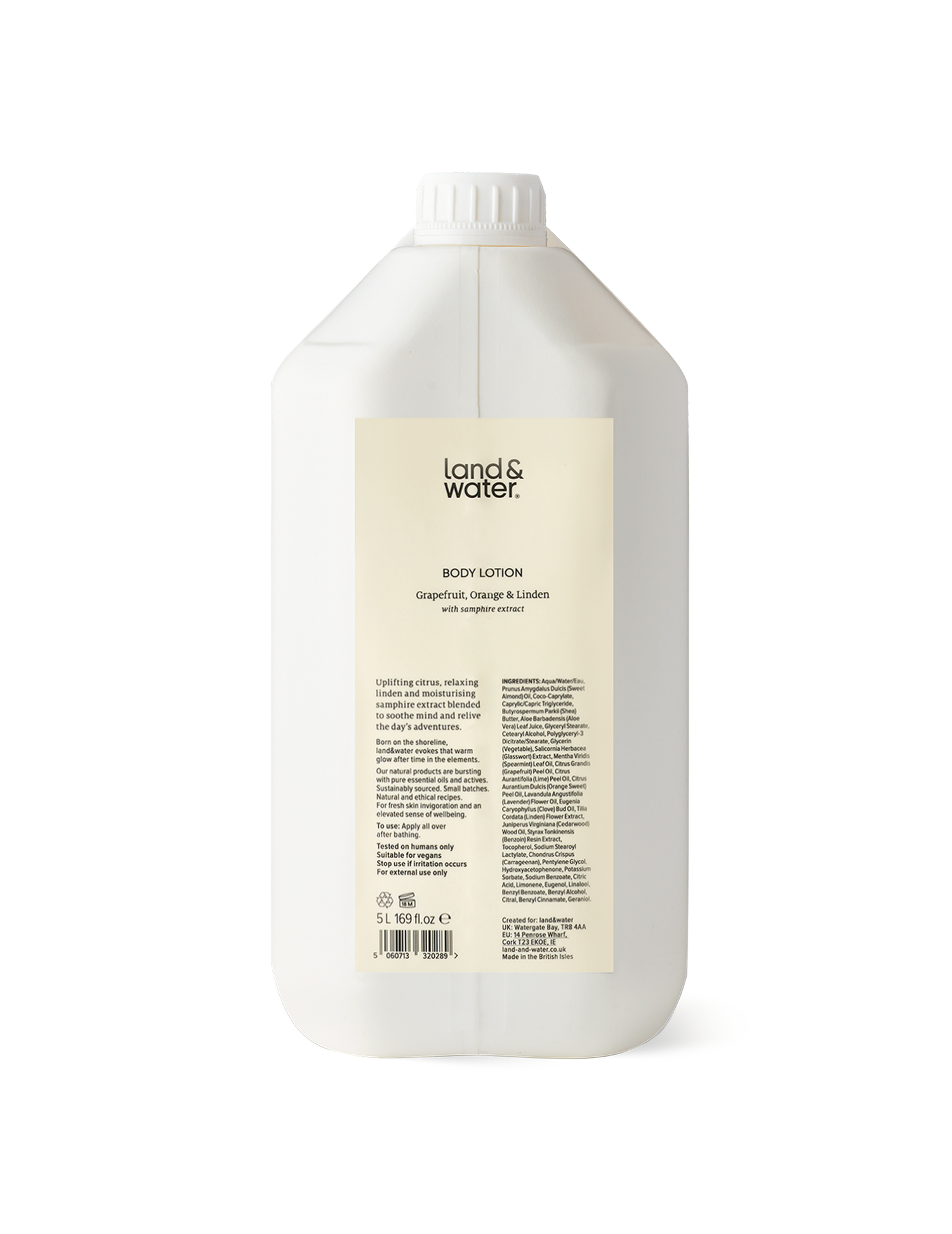 A white 5L container of land&water body lotion.