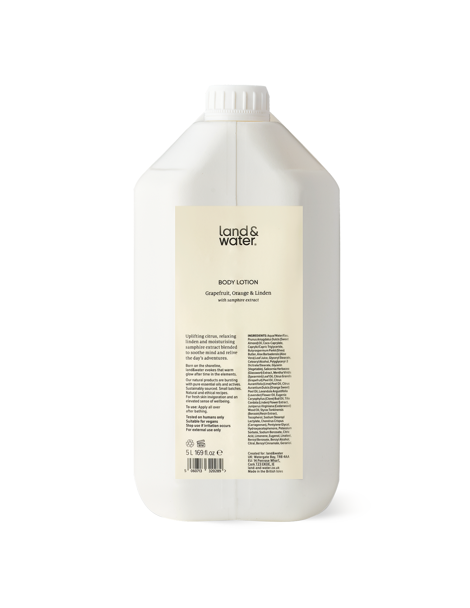 A white 5L container of land&water body lotion.