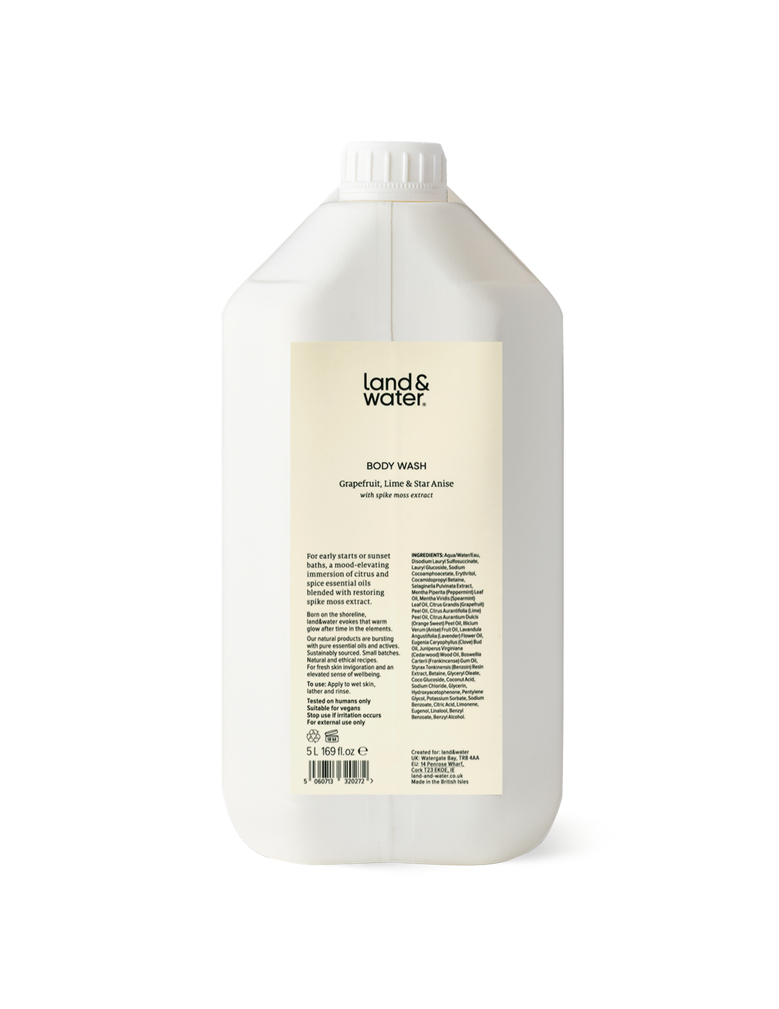 A white 5L container of land&water body wash.