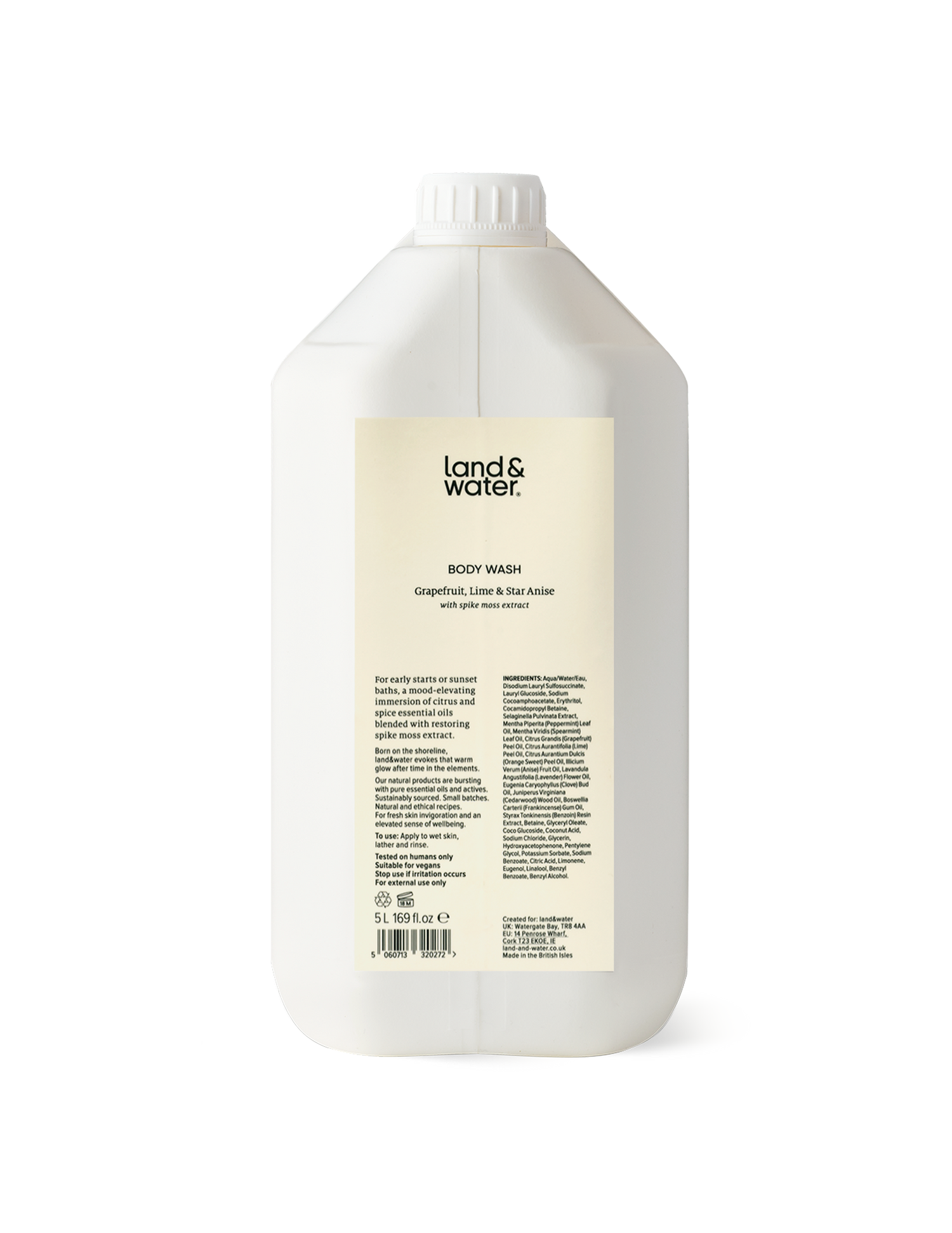 A white 5L container of land&water body wash.