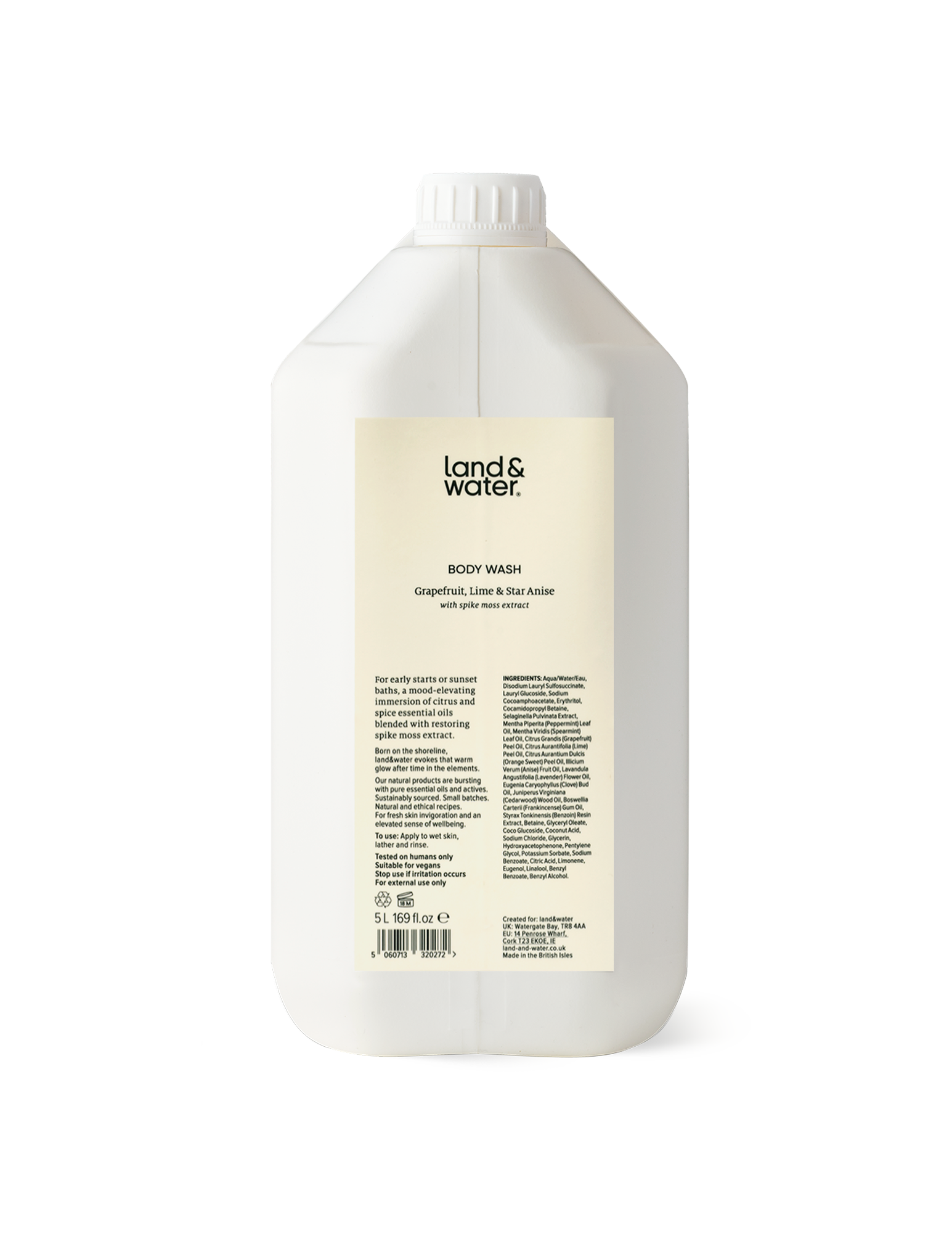 A white 5L container of land&water body wash.