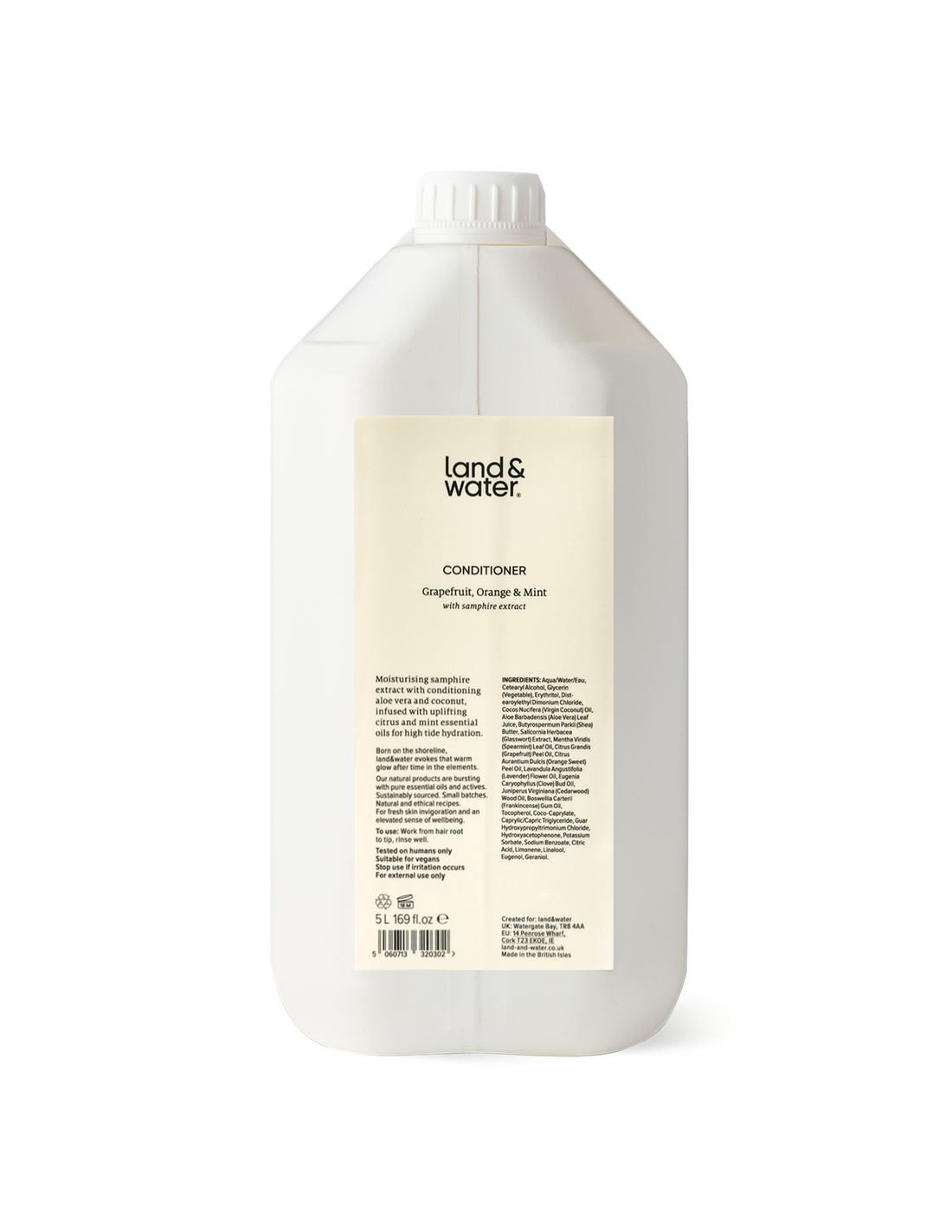 A white 5L container of land&water conditioner.
