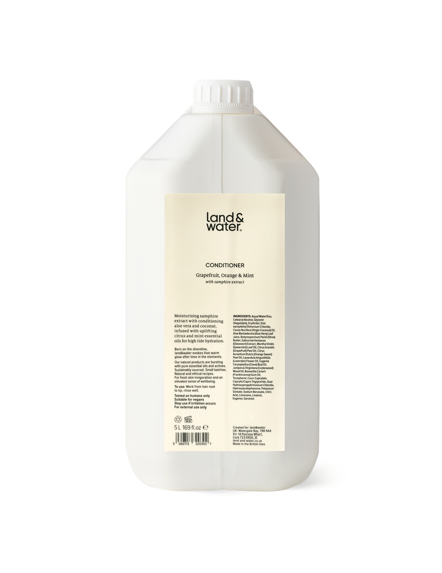 A white 5L container of land&water conditioner.