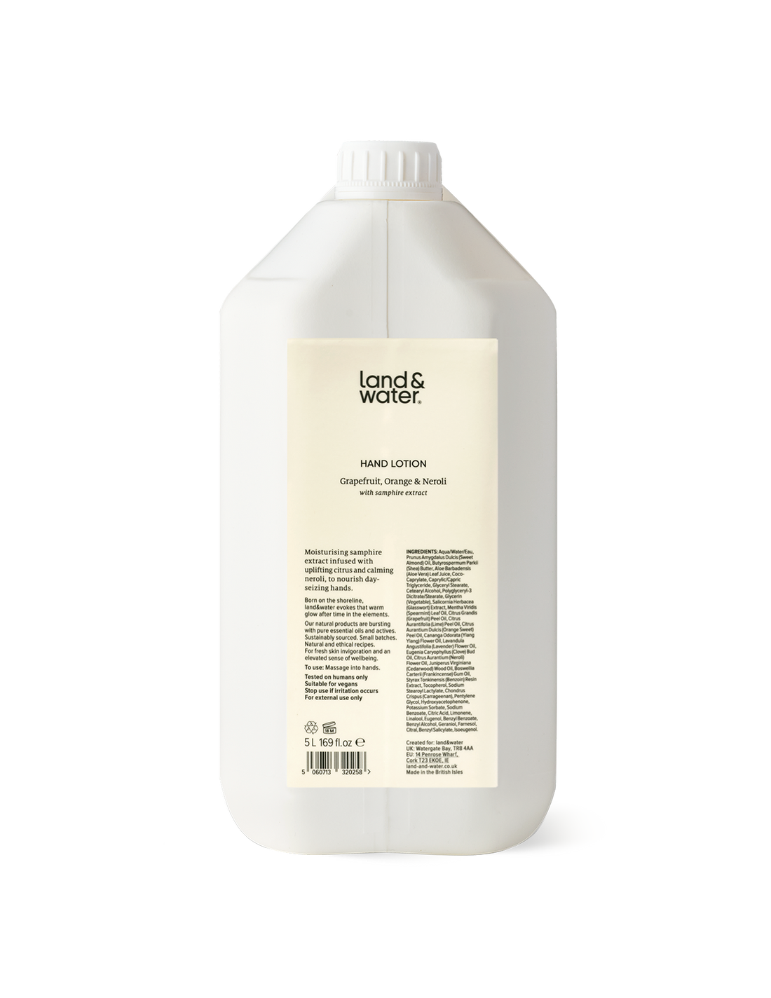 A white 5L container of land&water hand lotion.