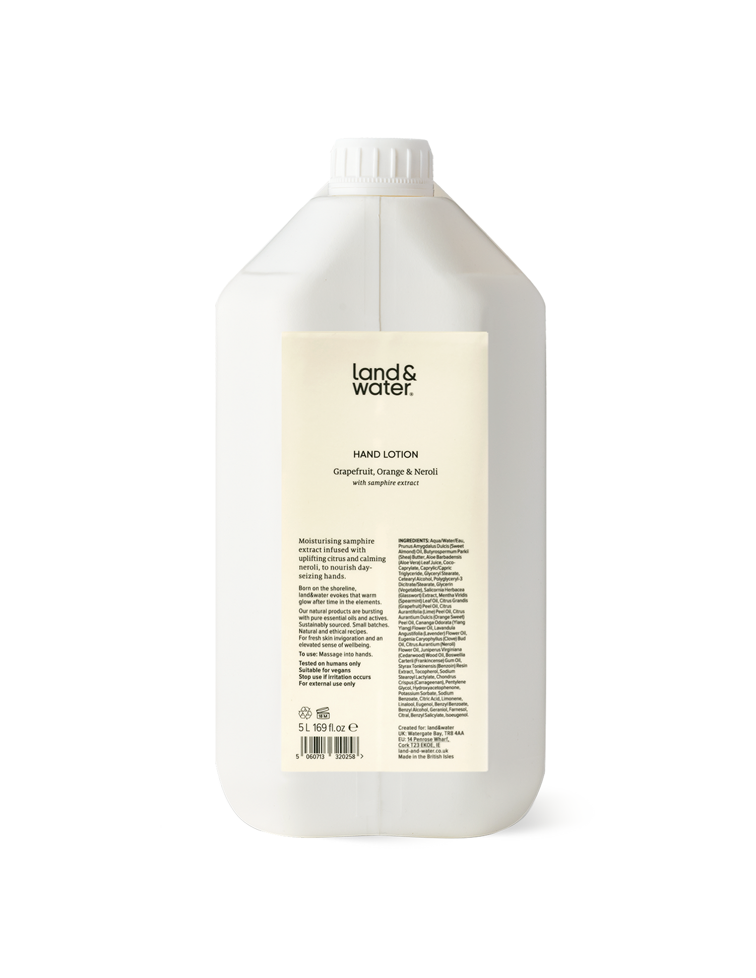 A white 5L container of land&water hand lotion.
