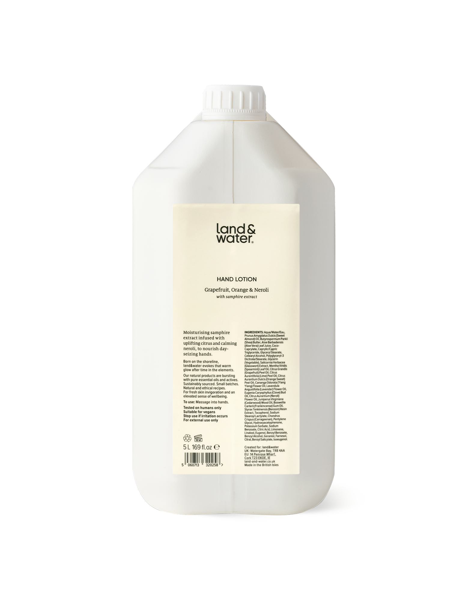 A white 5L container of land&water hand lotion.