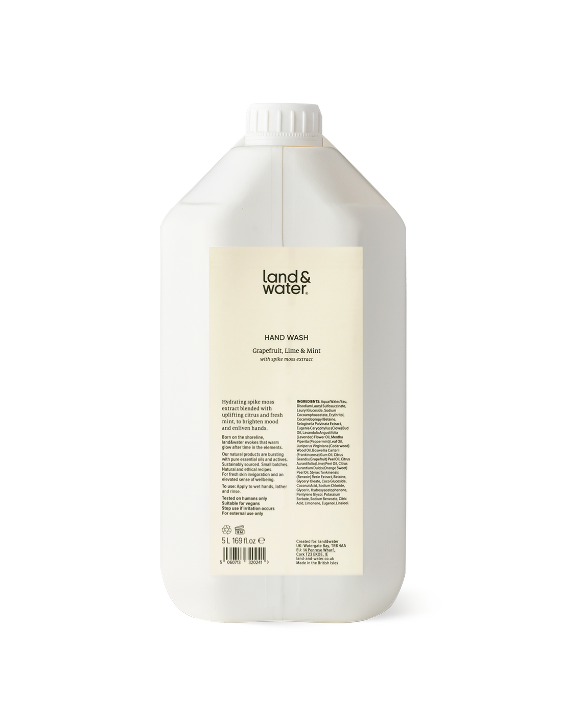 A white 5L container of land&water hand wash.