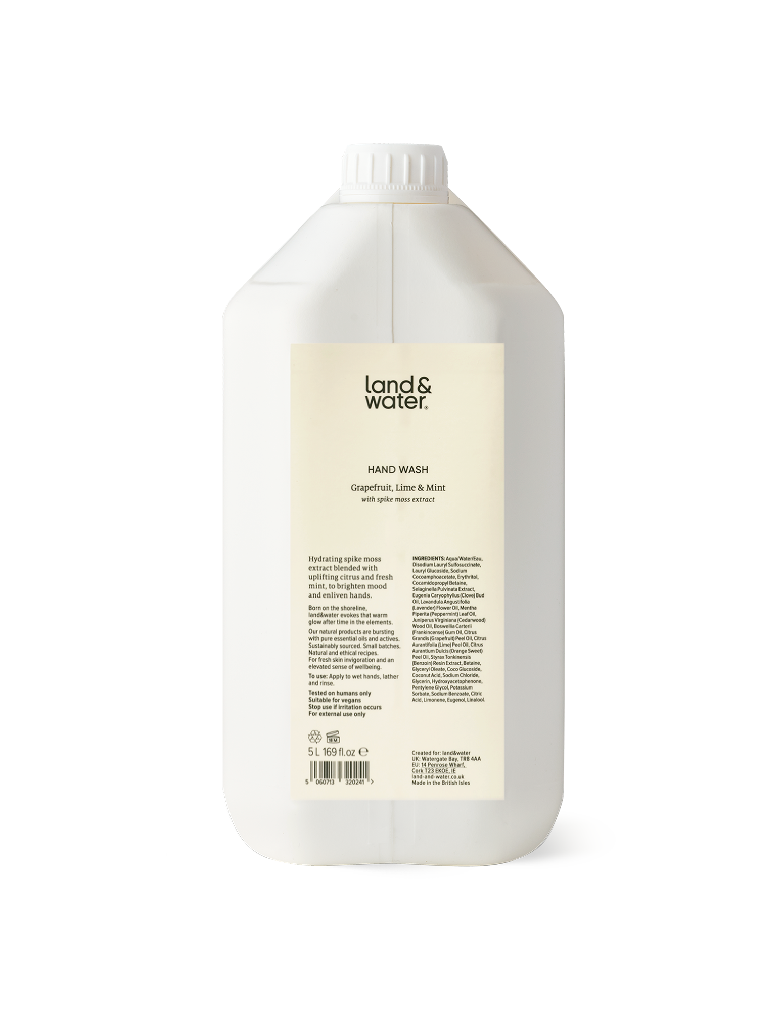 A white 5L container of land&water hand wash.