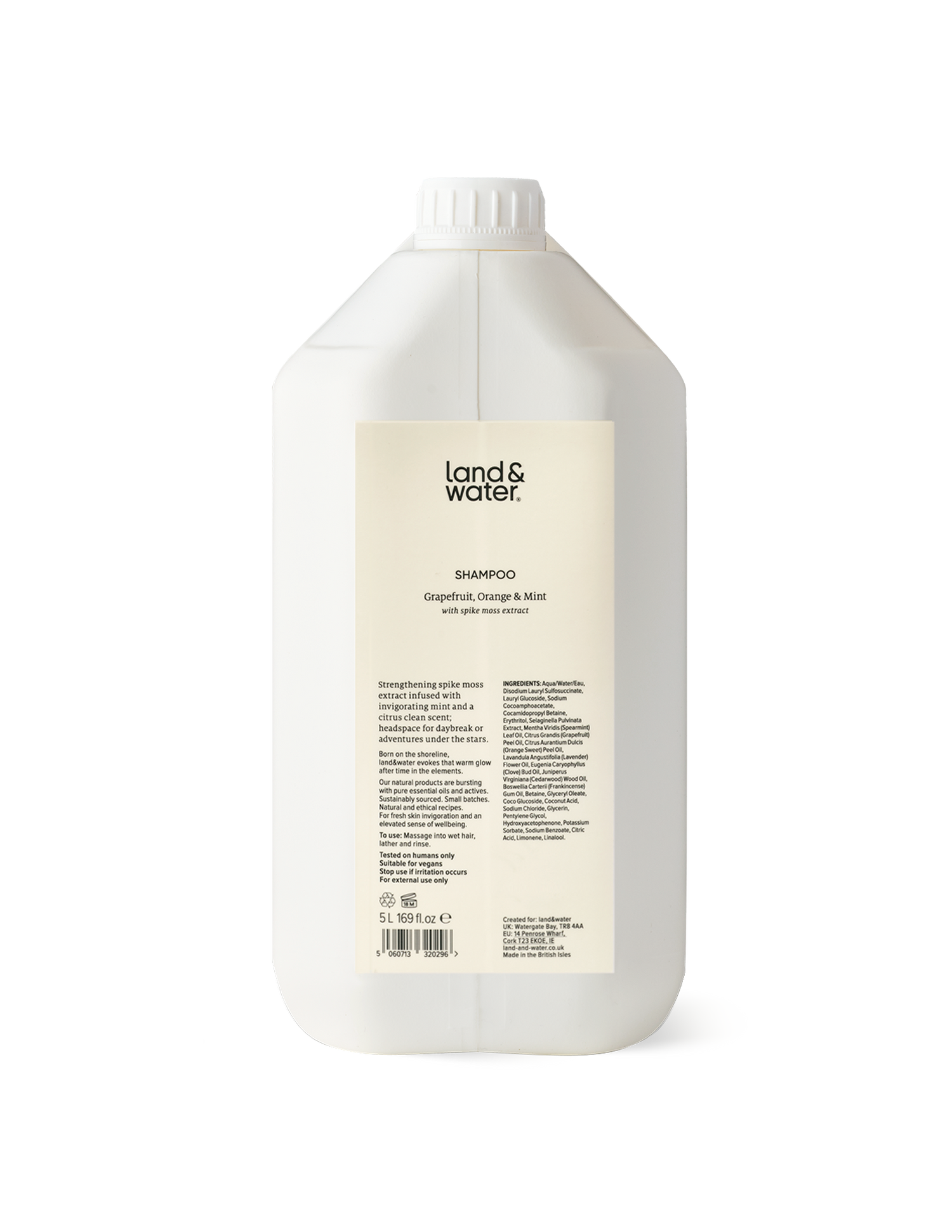 A white 5L container of land&water shampoo.