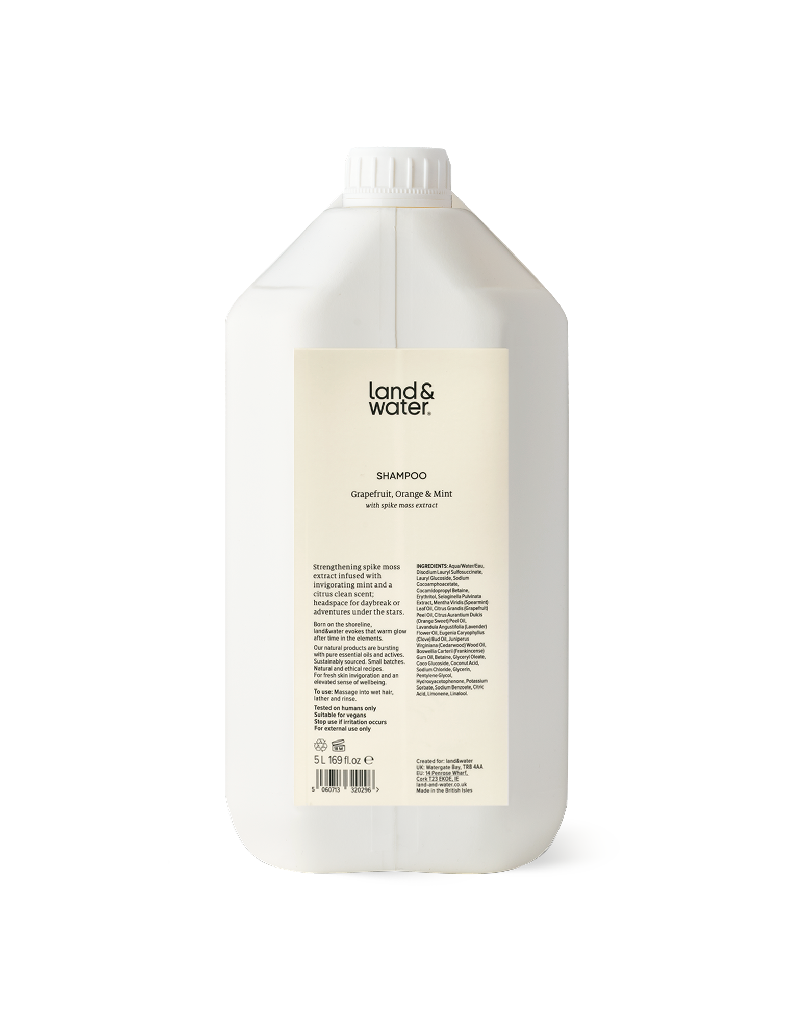 A white 5L container of land&water shampoo.