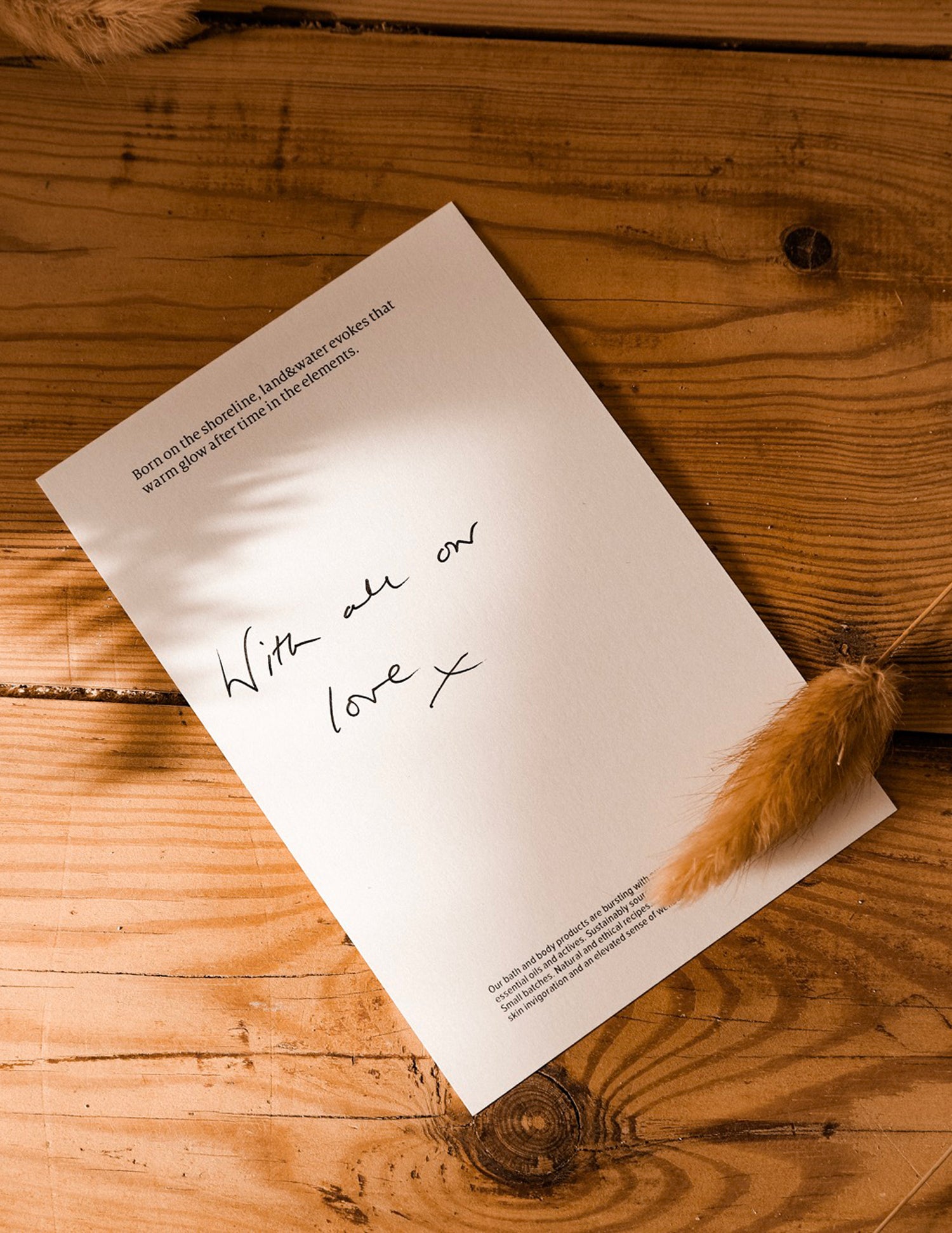 A handwritten land&water postcard to accompany a gift voucher.