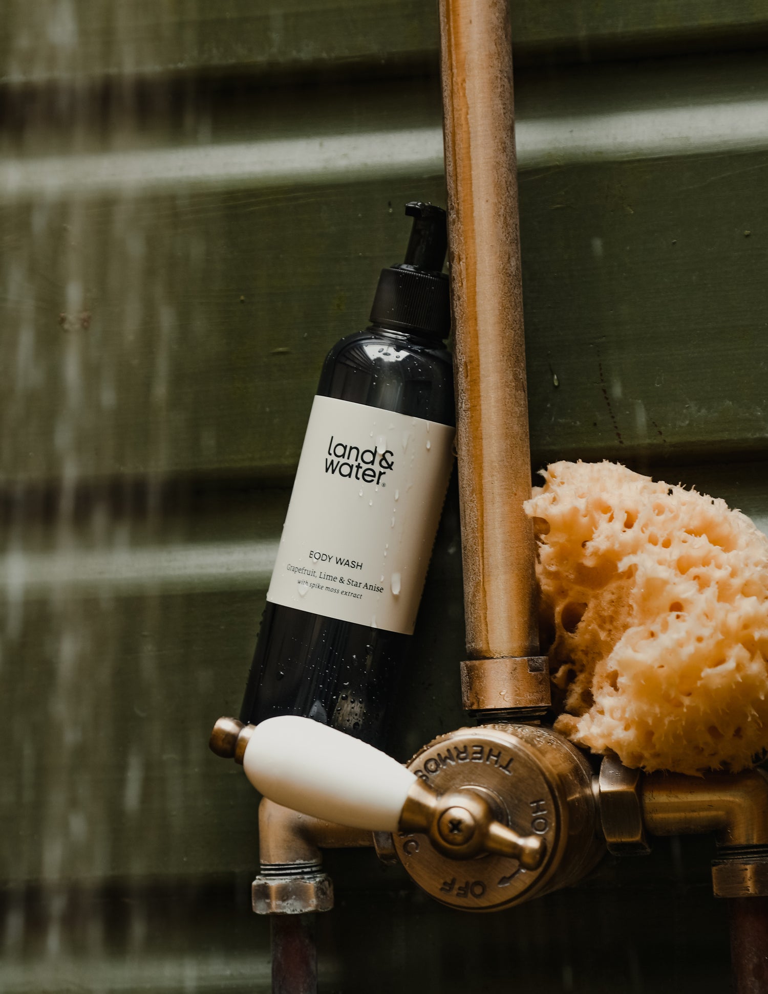 land&water body wash bottle in the shower next to a sponge