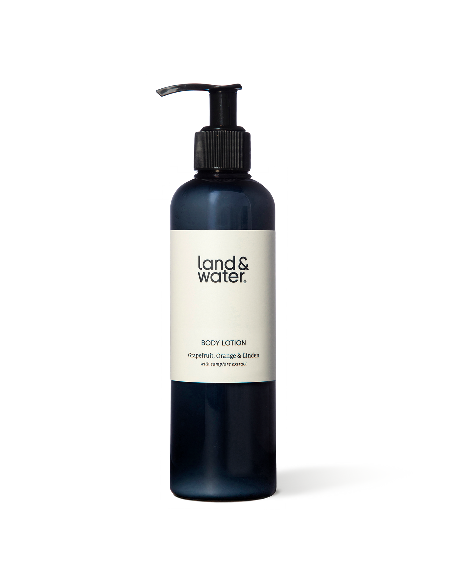 A land&water 250ml body lotion bottle with pump.