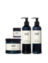 A collection of bath and body products from land&water, including a body wash, body lotion, salt scrub, and skin balm, displayed against a white background.