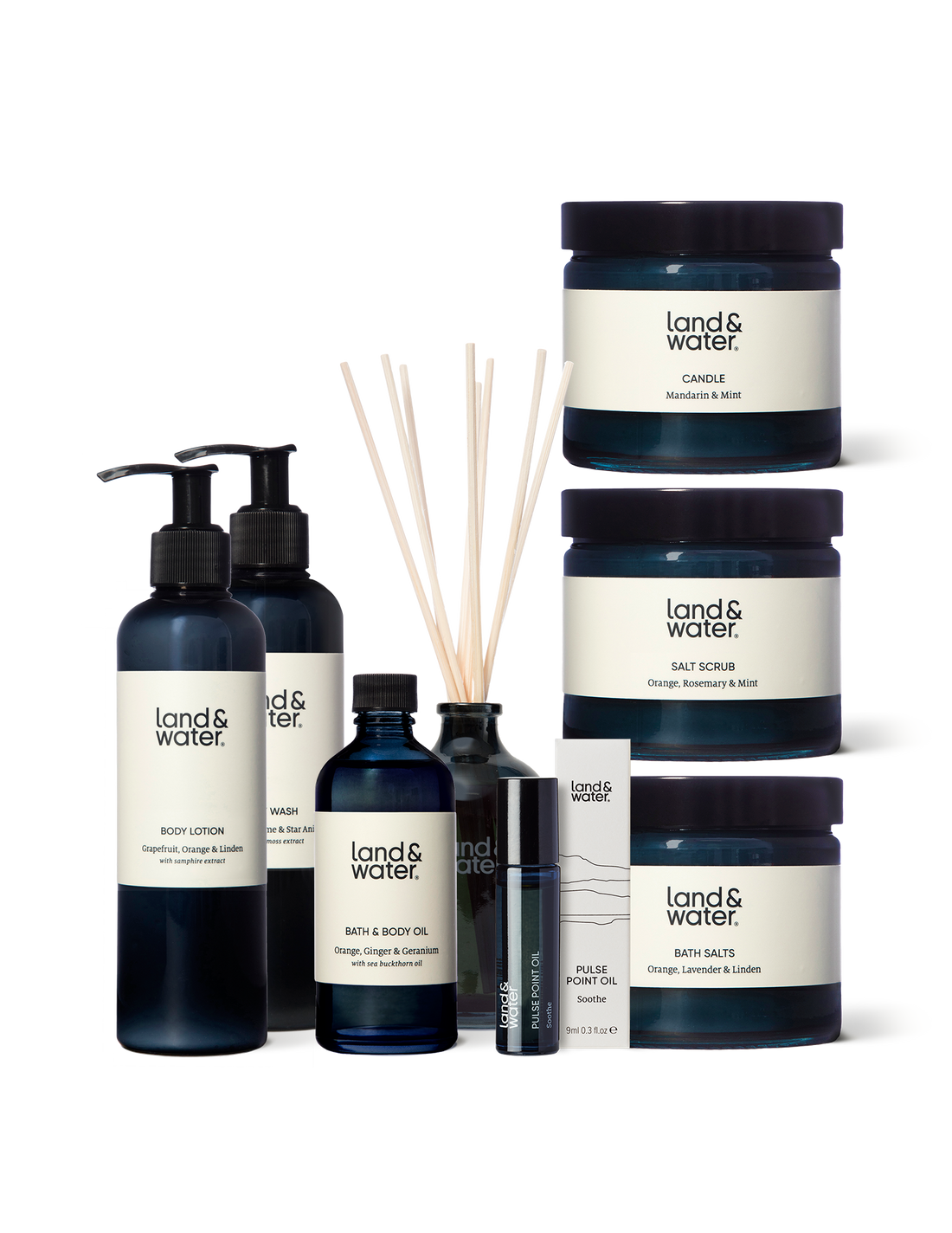 land&water candle, salt scrub, bath salts, pulse point oil, reed diffuser, bath & body oil, body wash, body lotion.