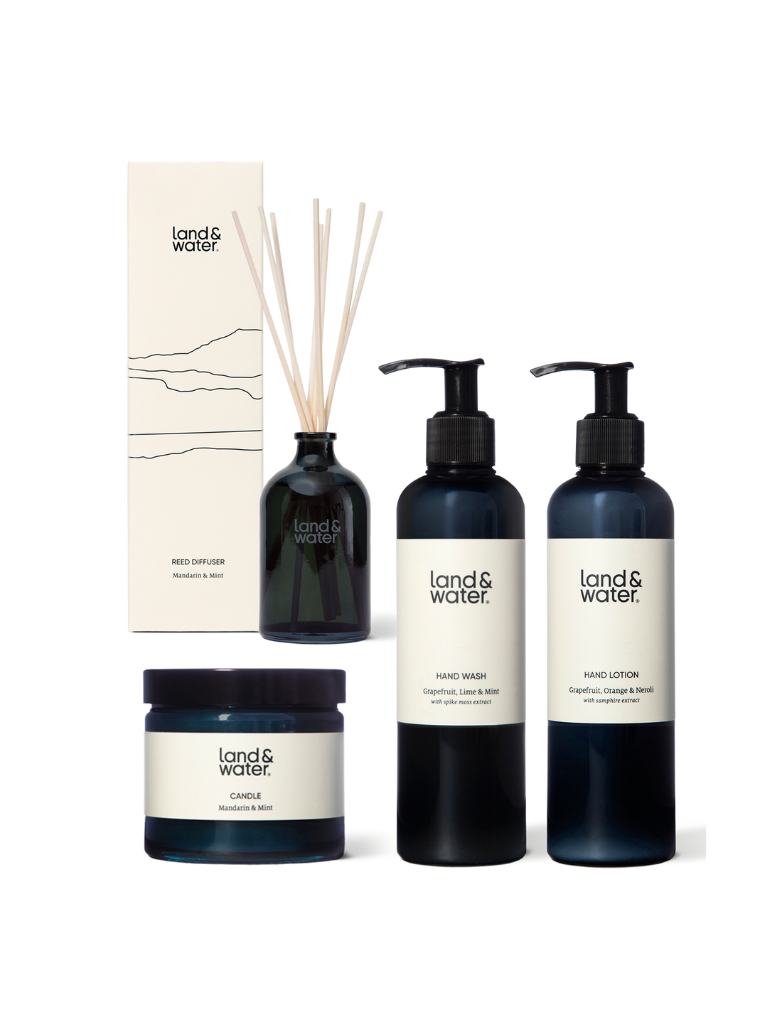 A collection of natural bath & body products; hand wash, hand lotion, a candle and reed diffuser.