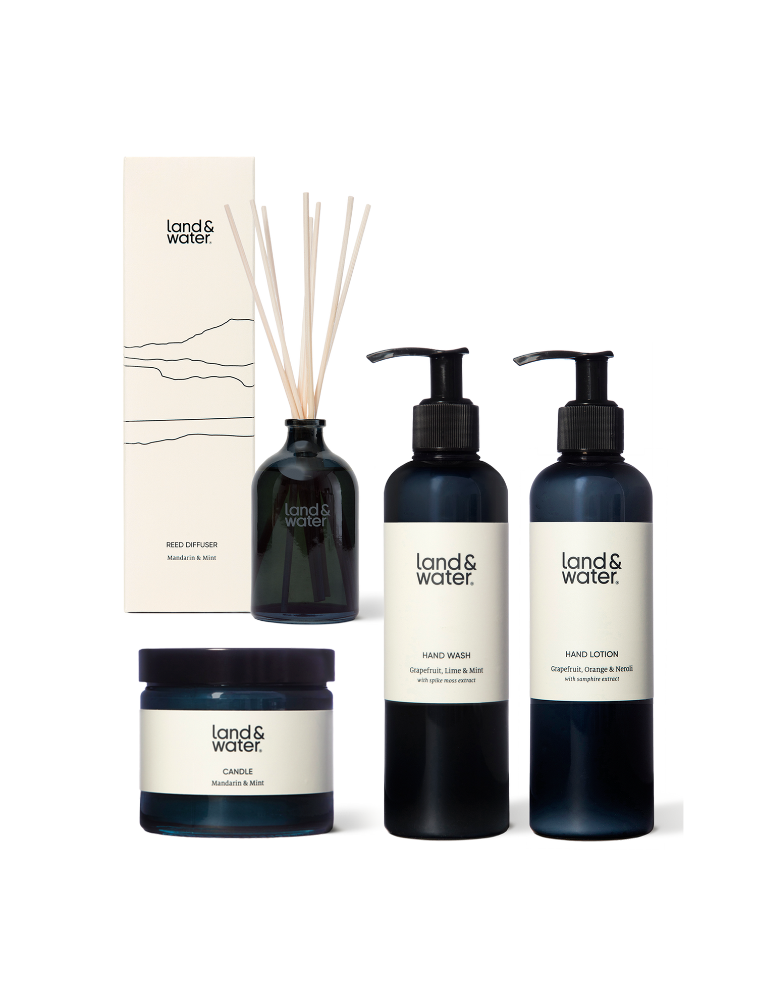 A collection of natural bath & body products; hand wash, hand lotion, a candle and reed diffuser.