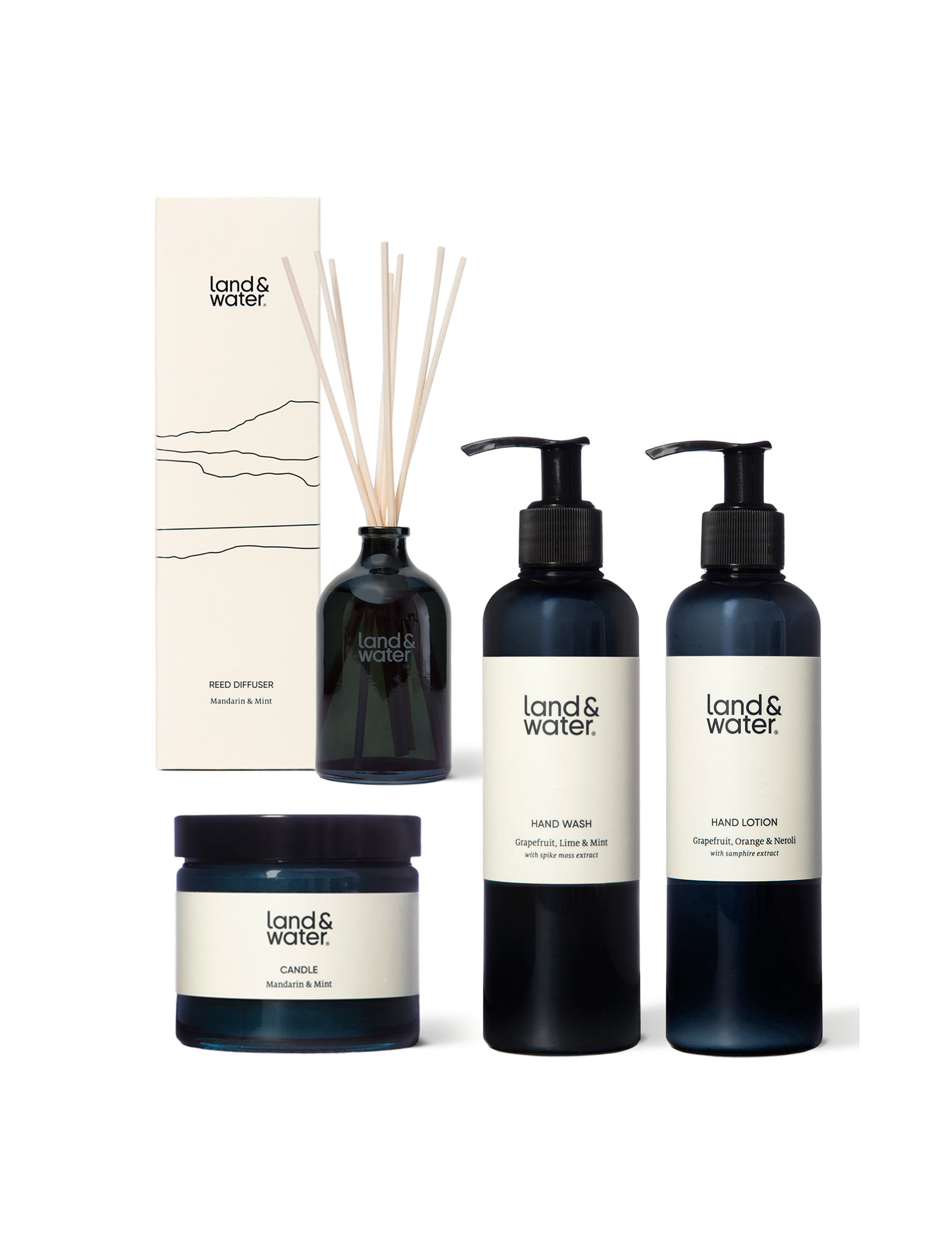 A collection of natural bath & body products; hand wash, hand lotion, a candle and reed diffuser.