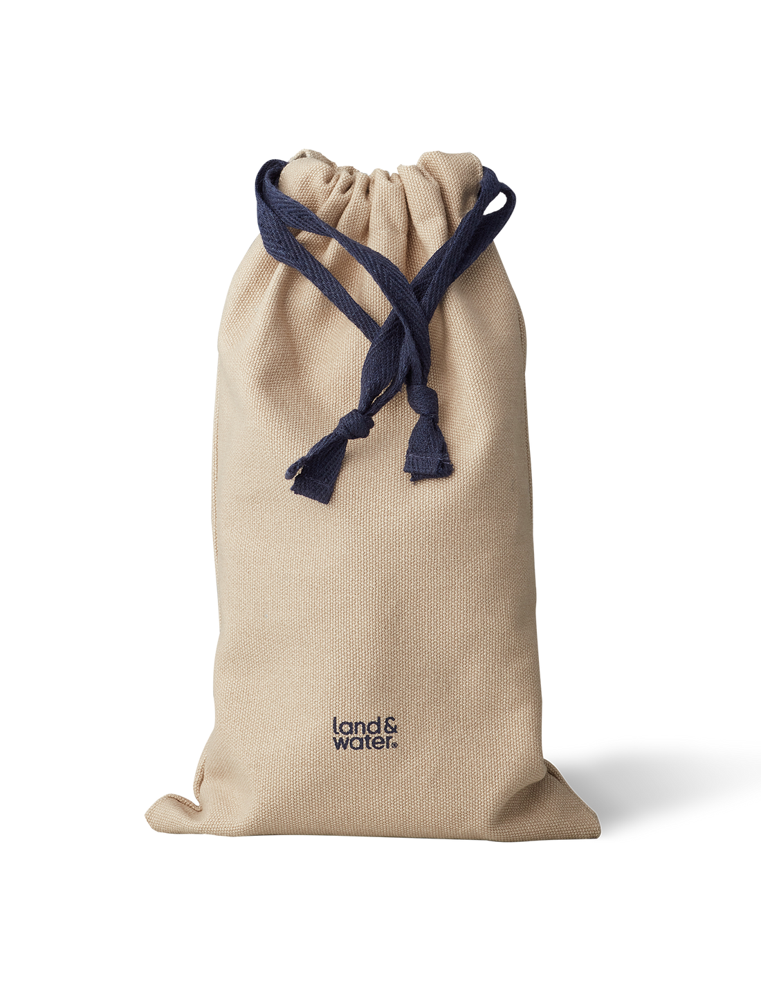 A beige drawstring bag with navy drawstrings.