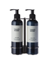 A double wall bracket made of brushed stainless steel, holding two bottles of hand wash and hand lotion.