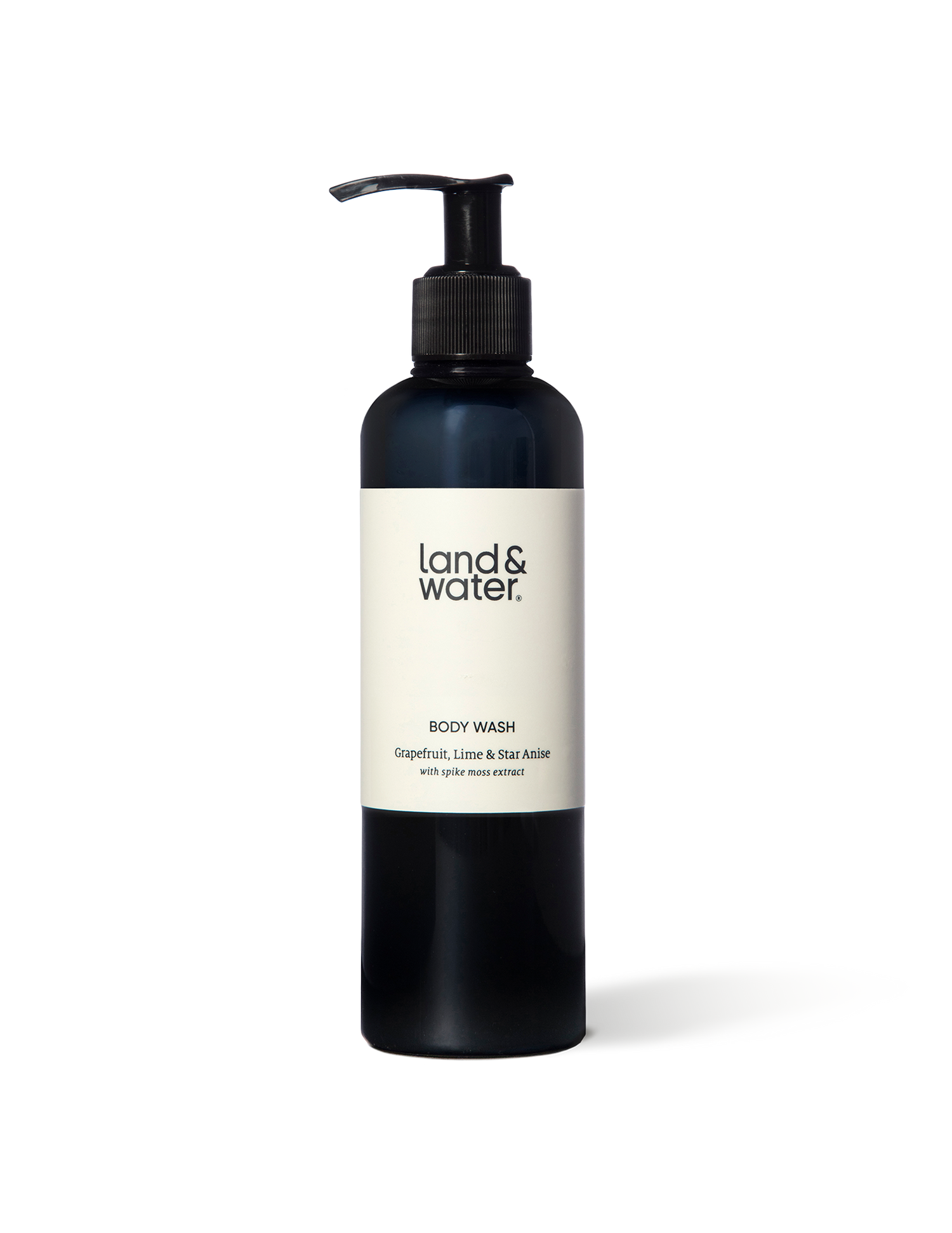 A land&water 250ml body wash bottle with pump.