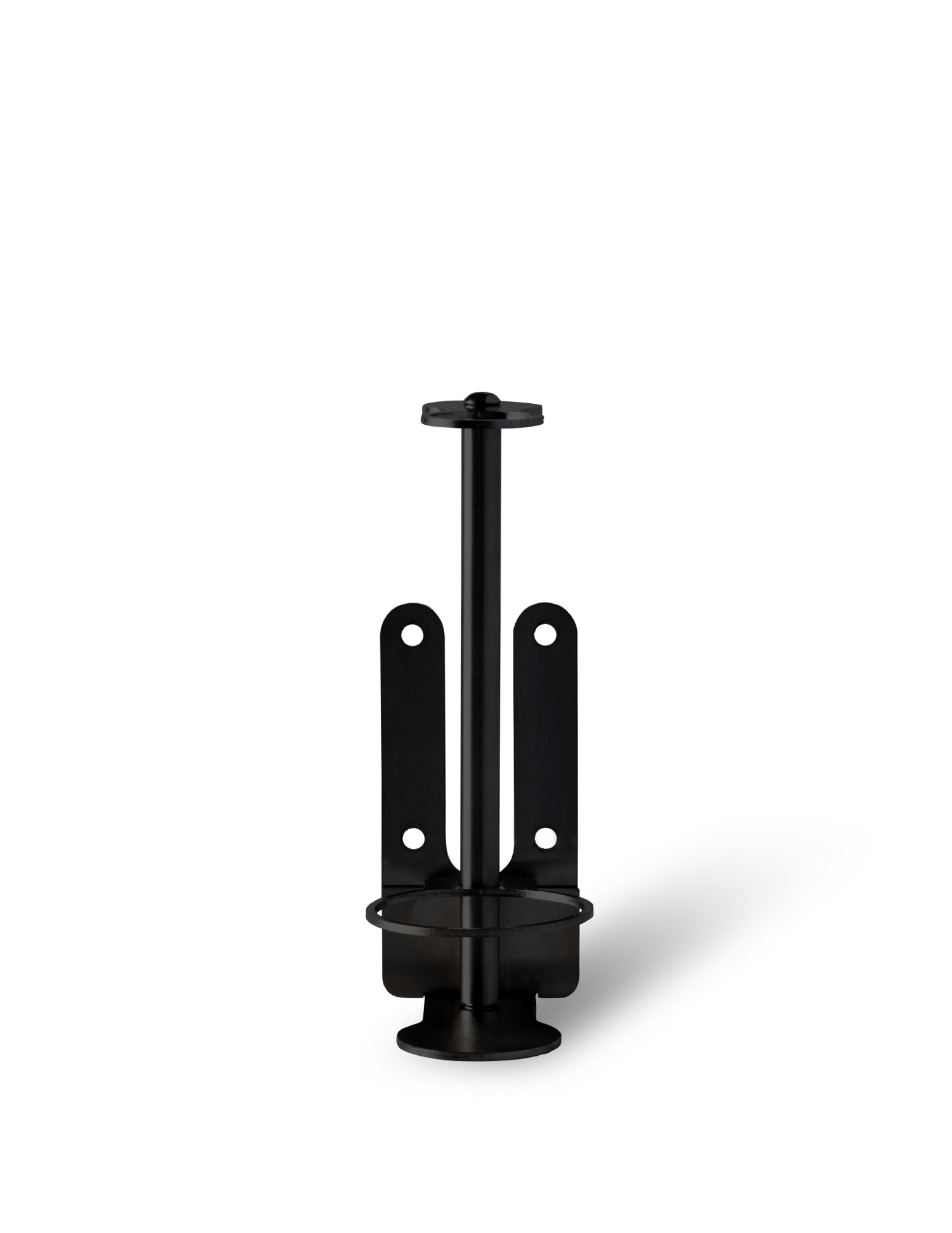 A black stainless steel wall-mounted bracket designed to hold a single bottle.