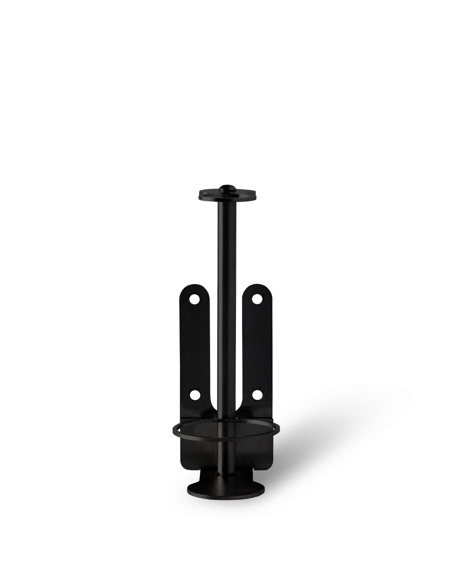 A black stainless steel wall-mounted bracket designed to hold a single bottle.