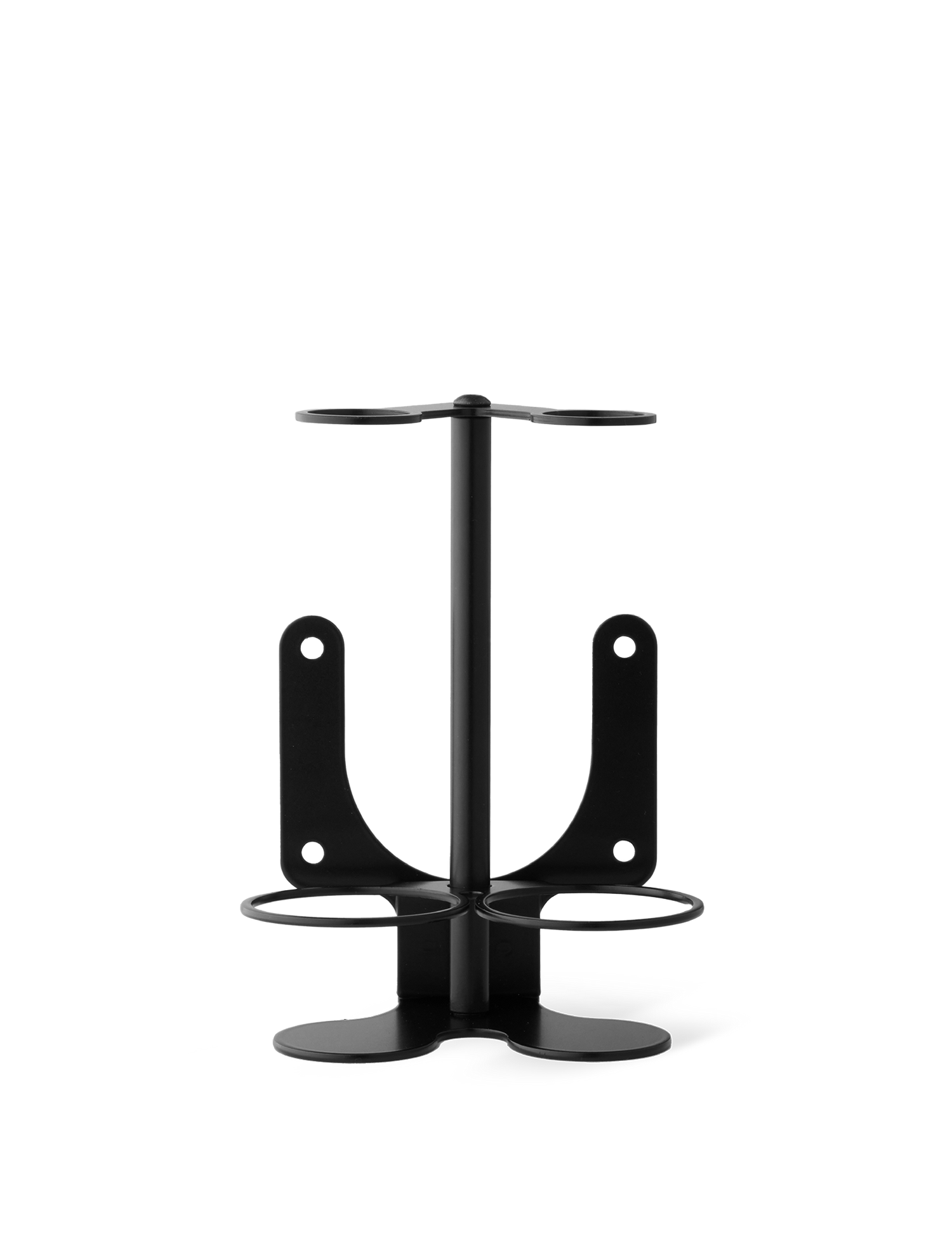 A black stainless steel wall-mounted bracket ready to hold two bottles.