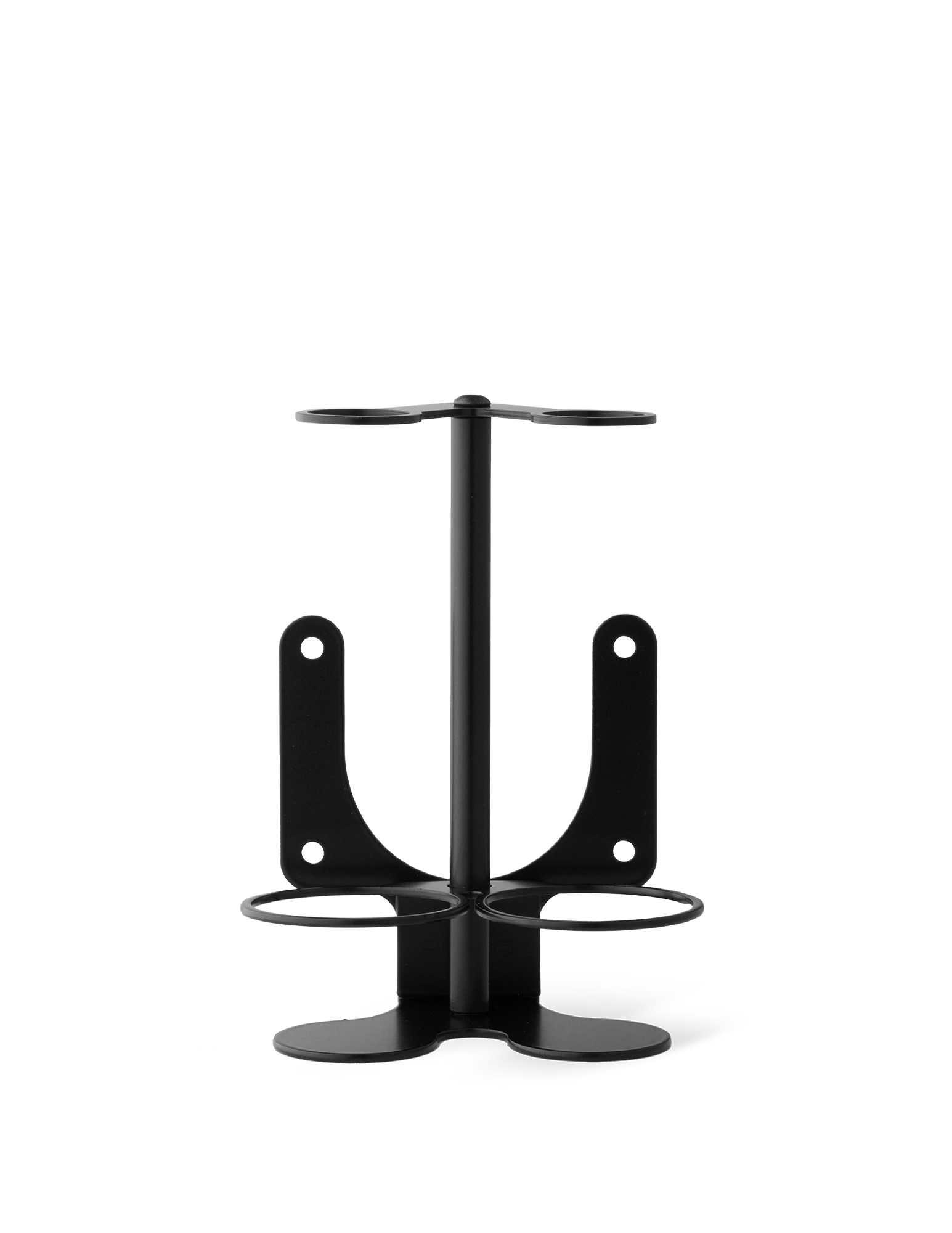 A black stainless steel wall-mounted bracket ready to hold two bottles.