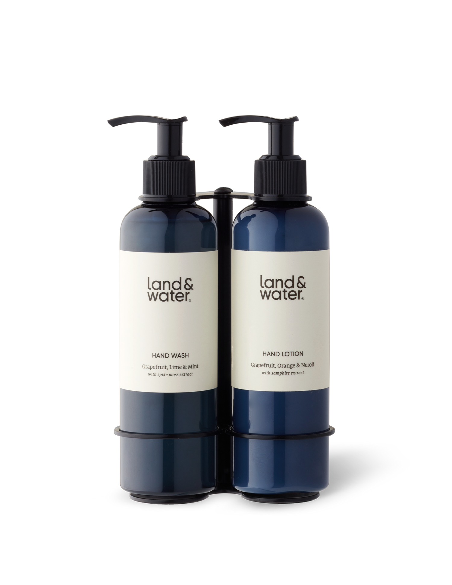 A black stainless steel wall-mounted bracket holding two bottles.