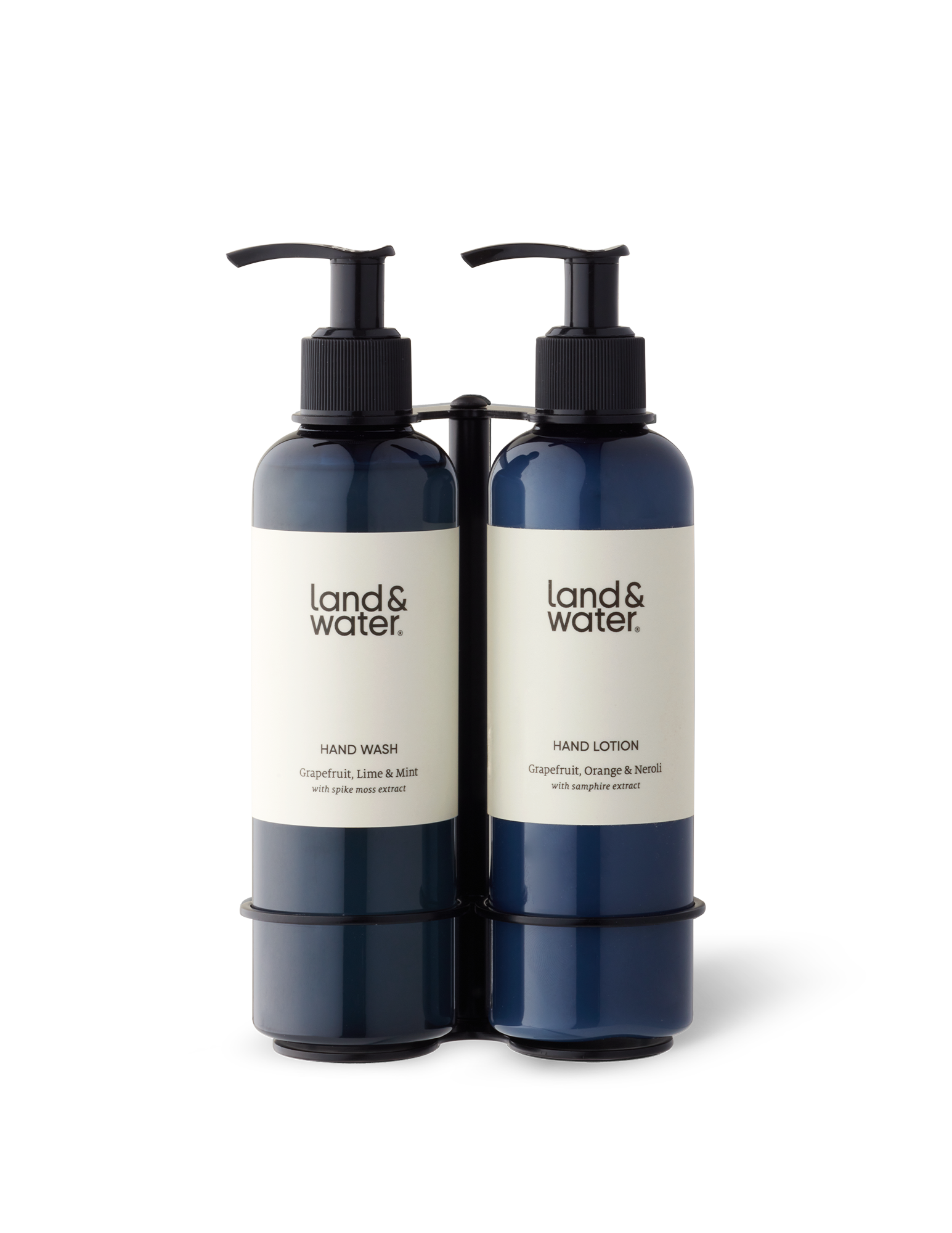 A black stainless steel wall-mounted bracket holding two bottles.