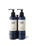 A black stainless steel wall-mounted bracket holding two bottles.