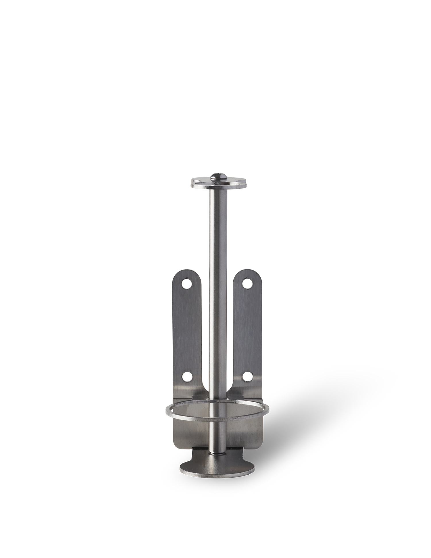 A brushed stainless steel wall-mounted bracket designed to hold a single bottle.