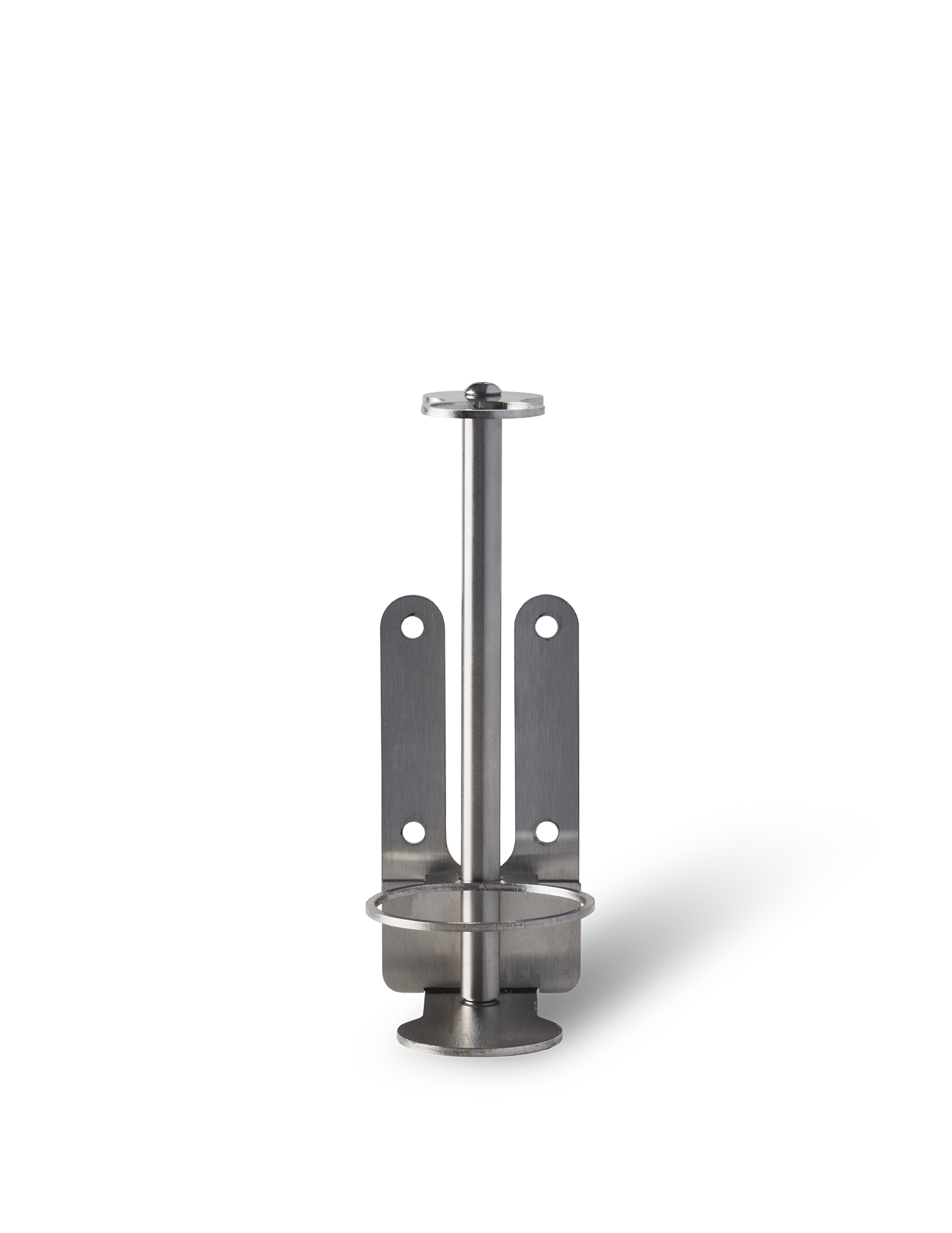 A brushed stainless steel wall-mounted bracket designed to hold a single bottle.