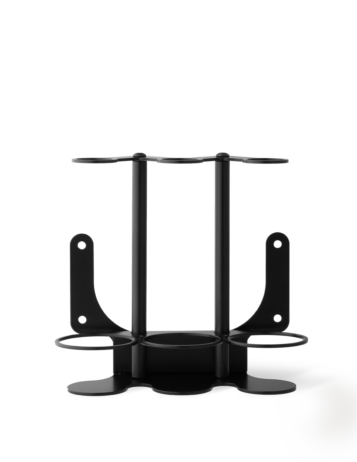 A black stainless steel wall-mounted bracket for three bottles.