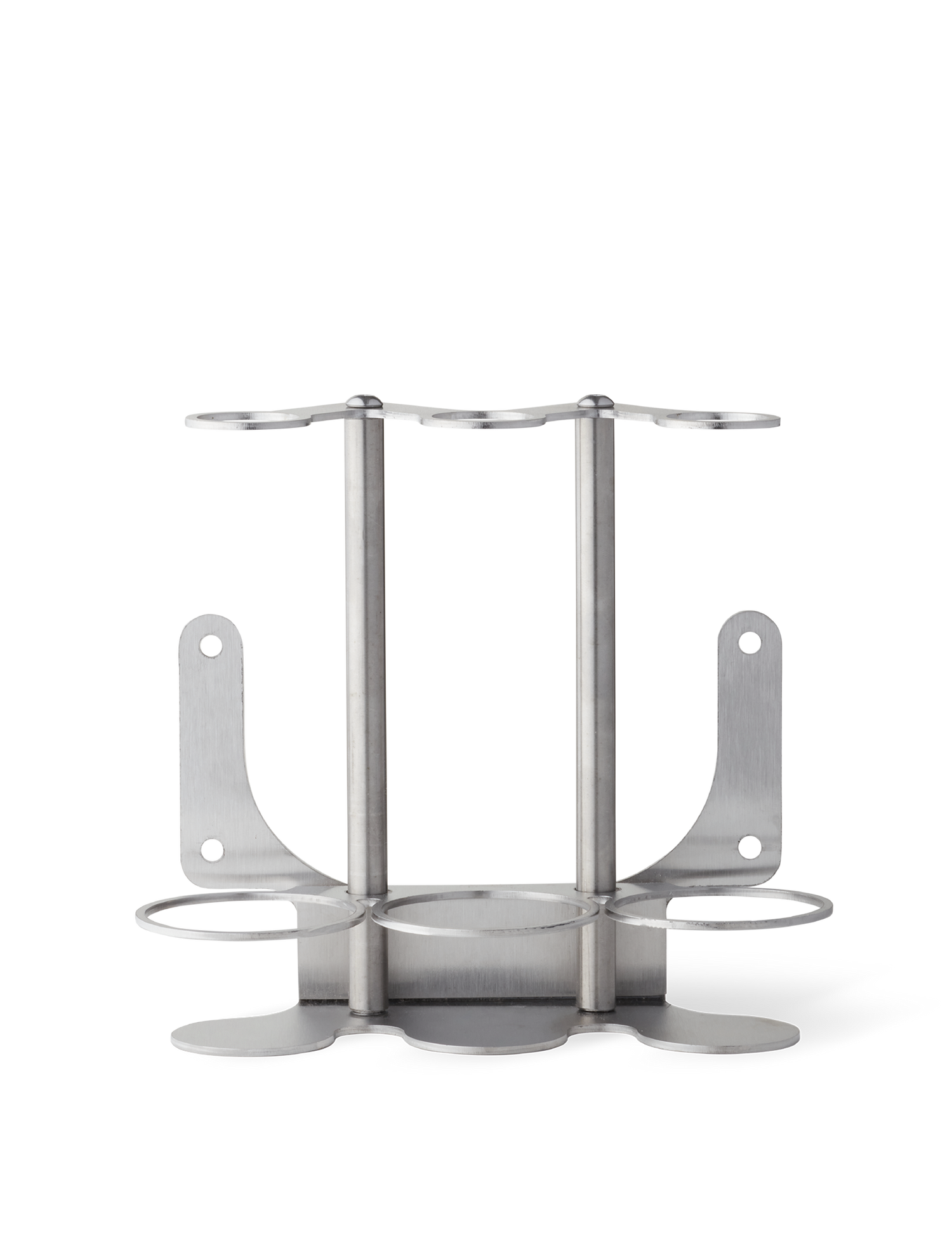 A brushed stainless steel wall-mounted bracket designed to hold three bottles.
