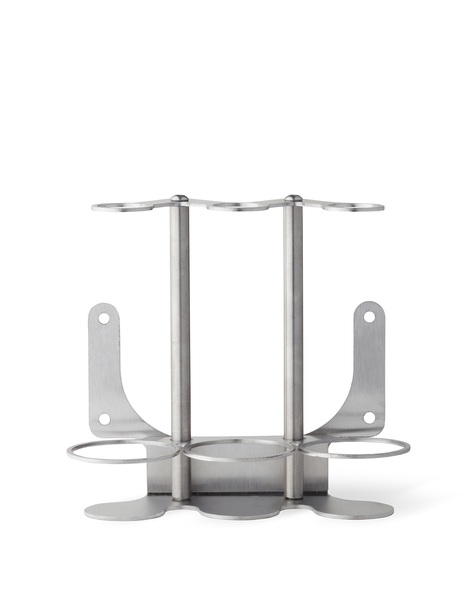 A brushed stainless steel wall-mounted bracket designed to hold three bottles.