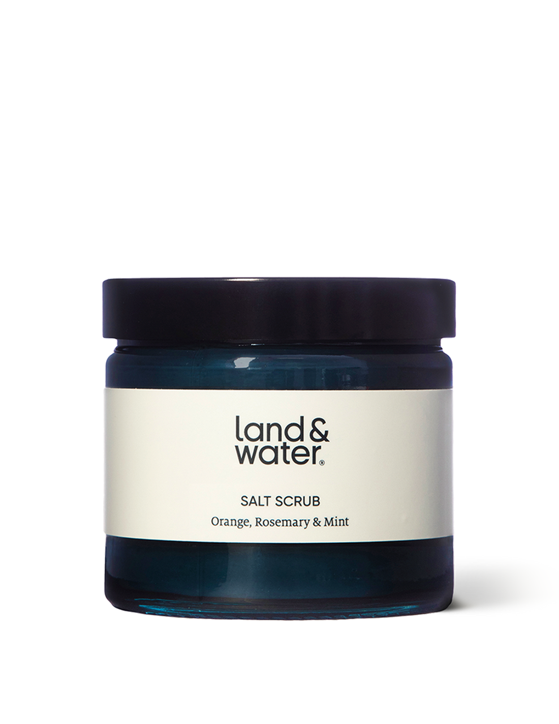 A jar with lid of land&water salt scrub with orange, rosemary and mint.