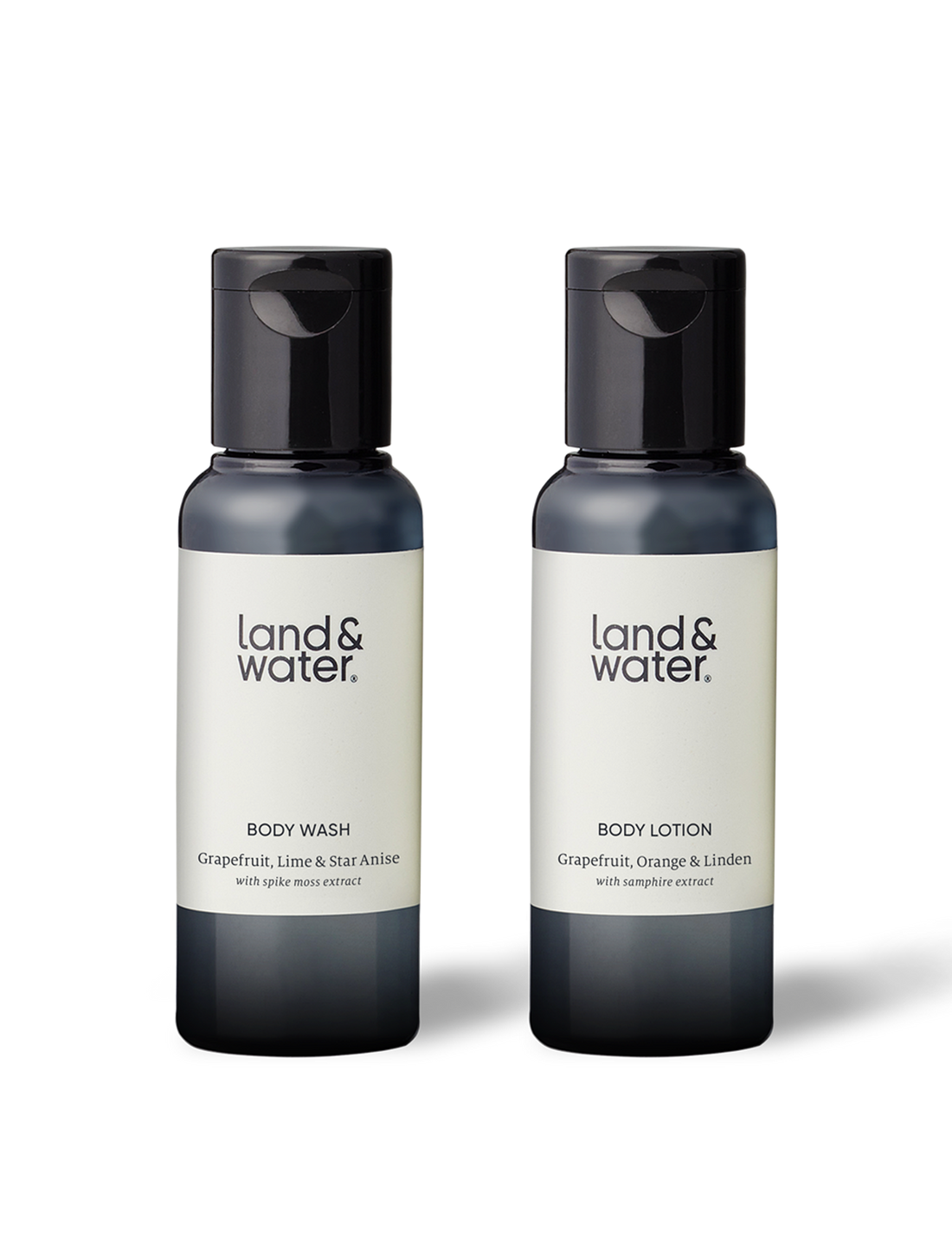 A 50ml body wash and 50ml body lotion against a white background. 