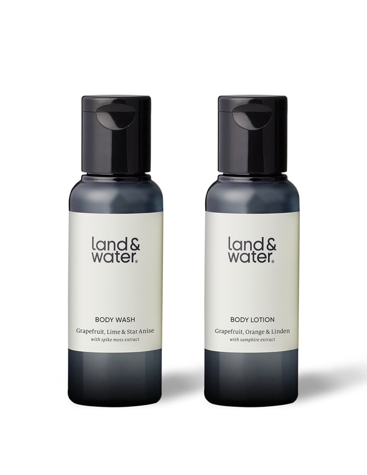 A 50ml body wash and 50ml body lotion against a white background. 