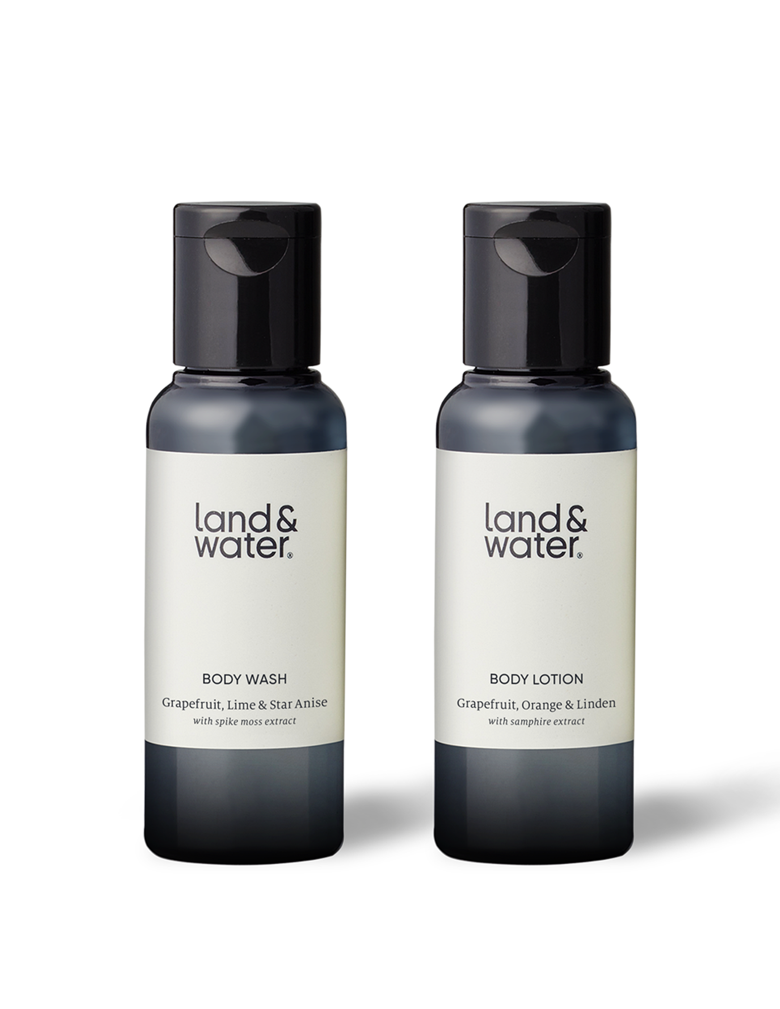 A 50ml body wash and 50ml body lotion against a white background. 