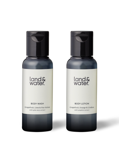 A 50ml body wash and 50ml body lotion against a white background. 