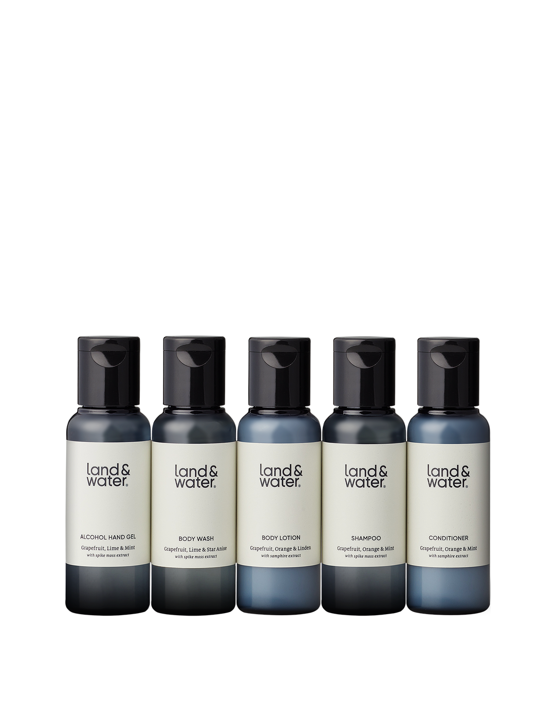 50ml travel essentials from land&water; alcohol hand gel, body wash, body lotion, shampoo, conditioner.