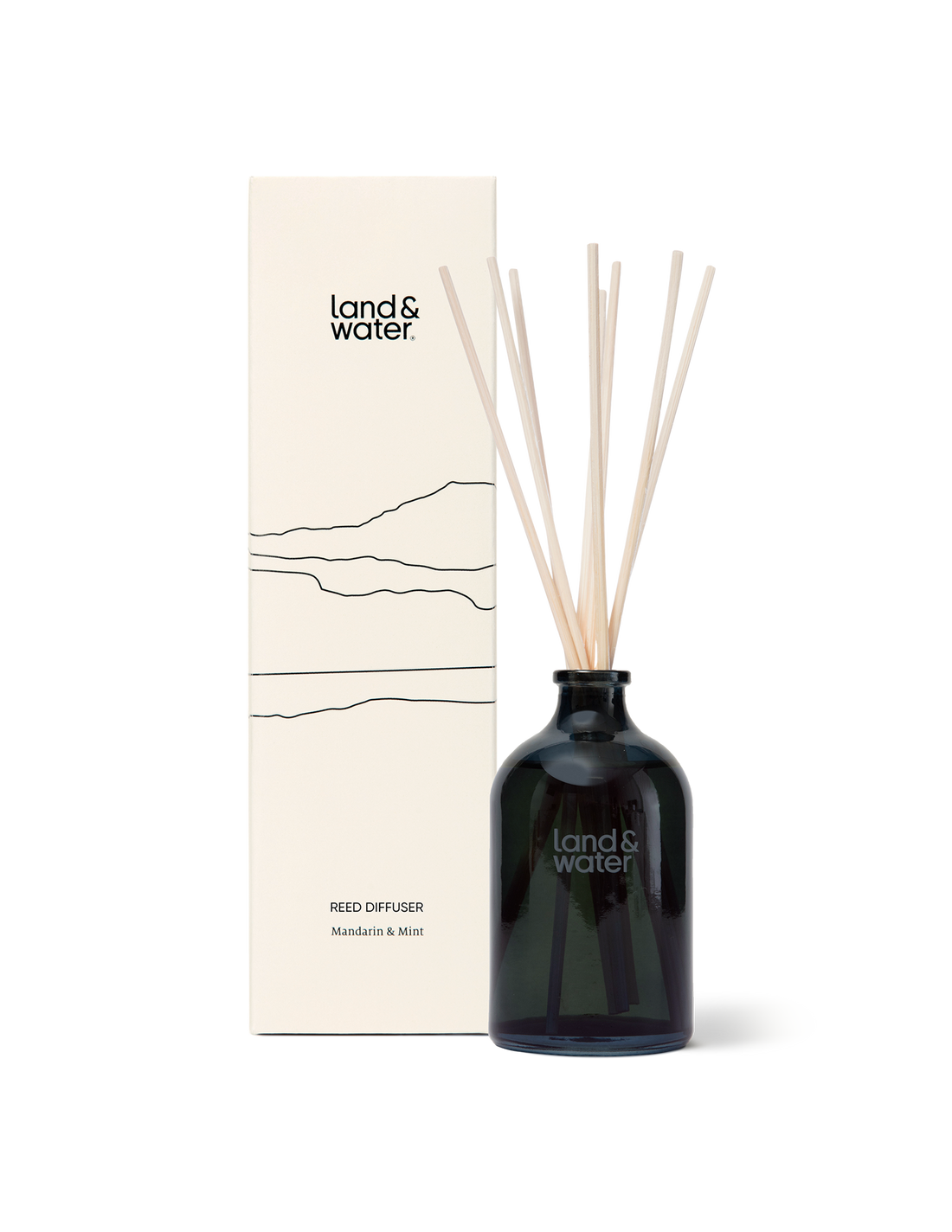 A mandarin and mint reed diffuser, reeds and packaging.