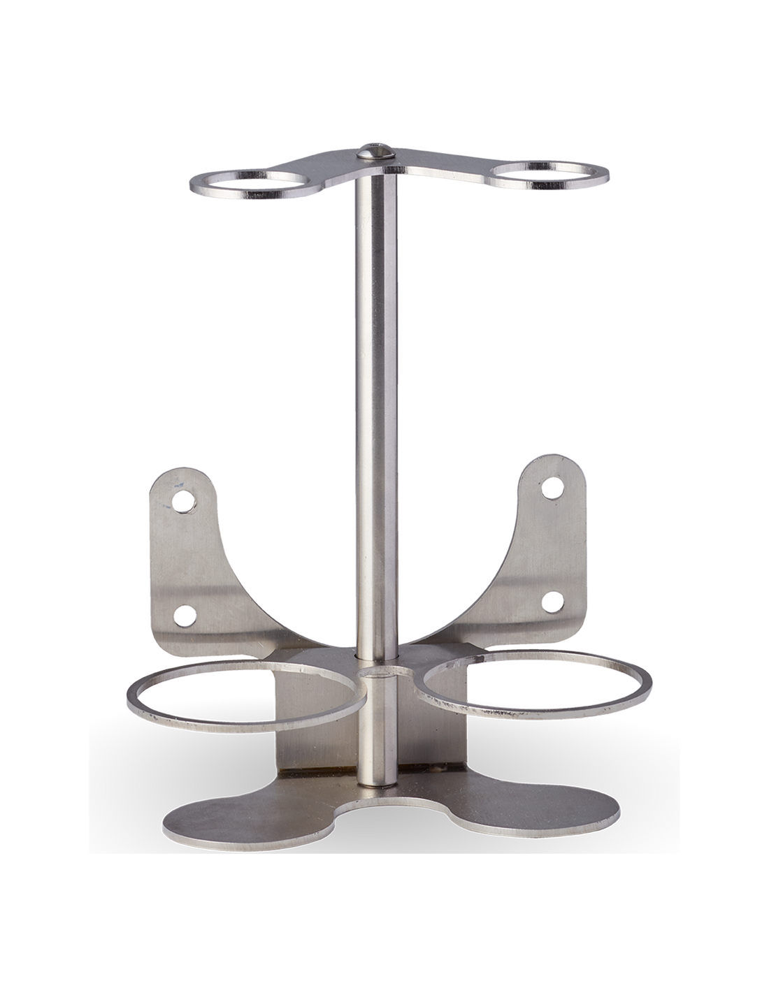 A brushed stainless steel wall-mounted bracket designed to hold two bottles.