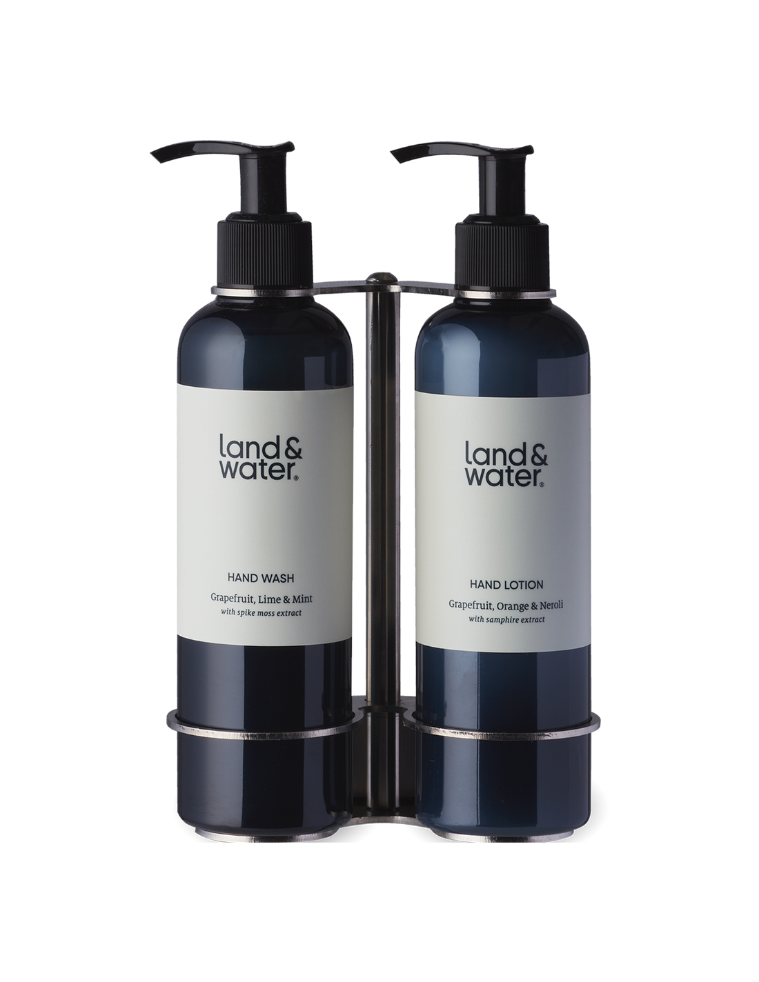 A double wall bracket made of brushed stainless steel, holding two bottles of hand wash and hand lotion.