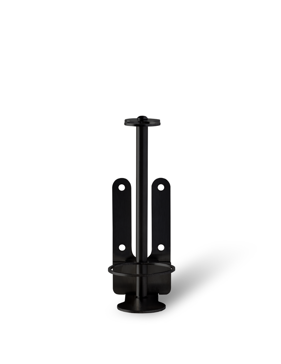 A black stainless steel wall-mounted bracket designed to hold a single bottle.